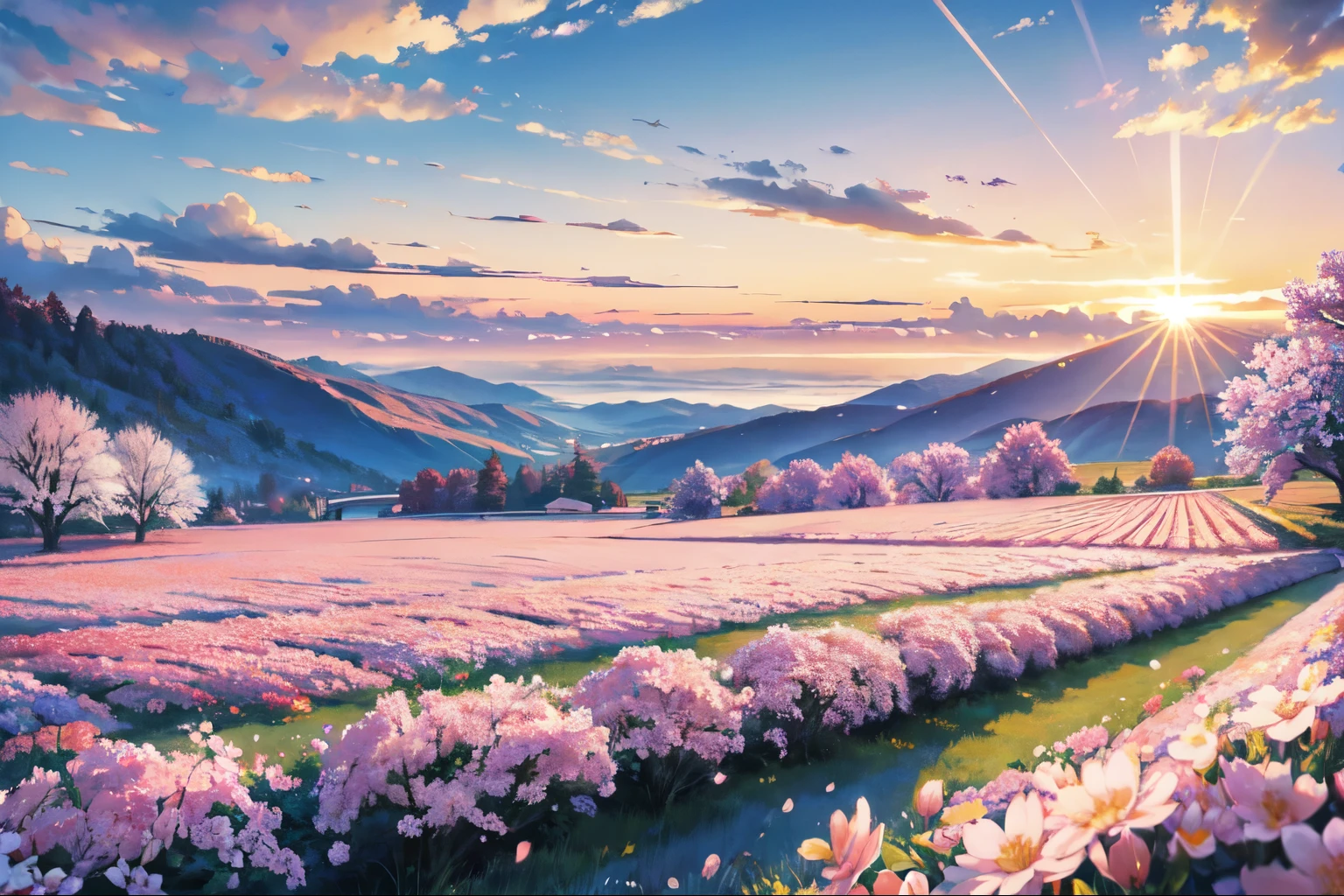 Background only, unmanned, 最high quality, masterpiece, High resolution, 8k, Super sharp, Background only, Large group of flowers, Beautiful and cute flowers, Flowers Bloom, Cherry blossoms in the distance、Beautifully detailed clouds, Beautiful sunset, Beautiful views, noon、Beautiful sunny weather, country of flowers, Overall image, high quality, Super sharp, High resolution, 最high quality