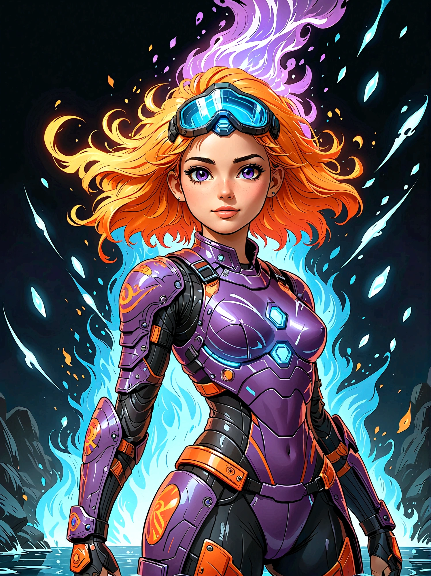 (masterpiece,Best quality:1.2,lifelike:1.4),Cartoon Characters,Vector illustration,Abstract style 1girl,full body,smoke,water,cloud,fire,, best quality, ultra high res, (photorealistic:1.4), Non-representational, colors and shapes, expression of feelings, imaginative, highly detailed, (transparent heavy armor warrior tranzp suit:1) neon vein, heavy armor helmet with purple and orange neon transparent glow made of ral-ledlights, 1kexx1