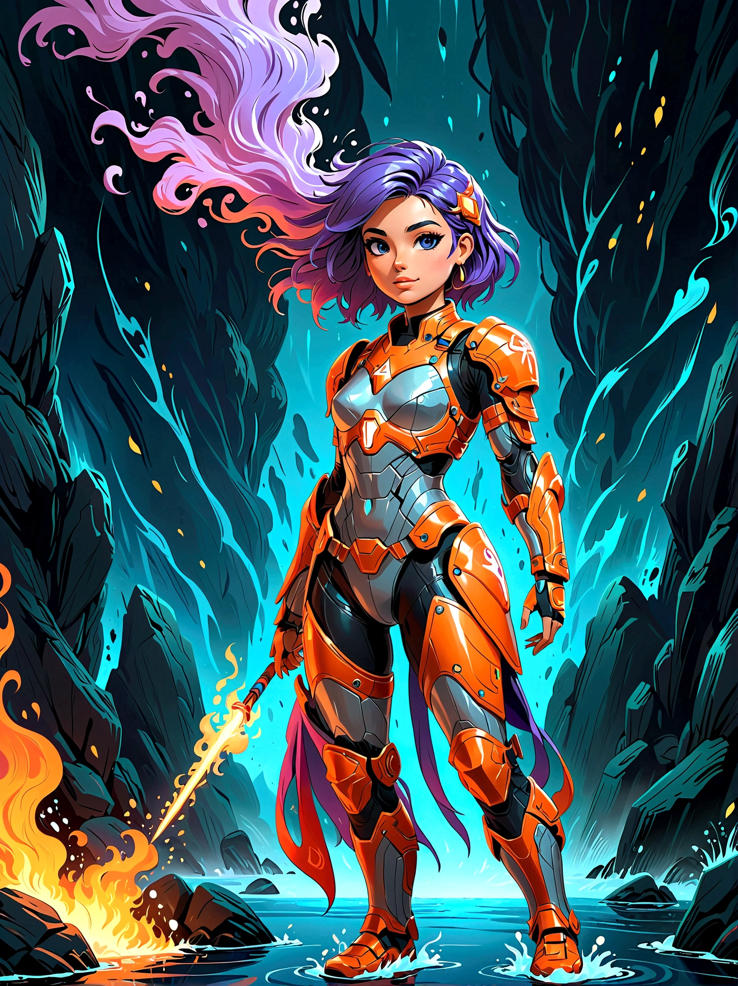 (masterpiece，Best quality:1.2，lifelike:1.4)，Cartoon Characters，Vector illustration，Abstract style 1girl,full body,smoke,water,cloud,fire,, best quality, ultra high res, (photorealistic:1.4), Non-representational, colors and shapes, expression of feelings, imaginative, highly detailed, (transparent heavy armor warrior tranzp suit:1) neon vein, heavy armor helmet with purple and orange neon transparent glow made of ral-ledlights, 1kexx1