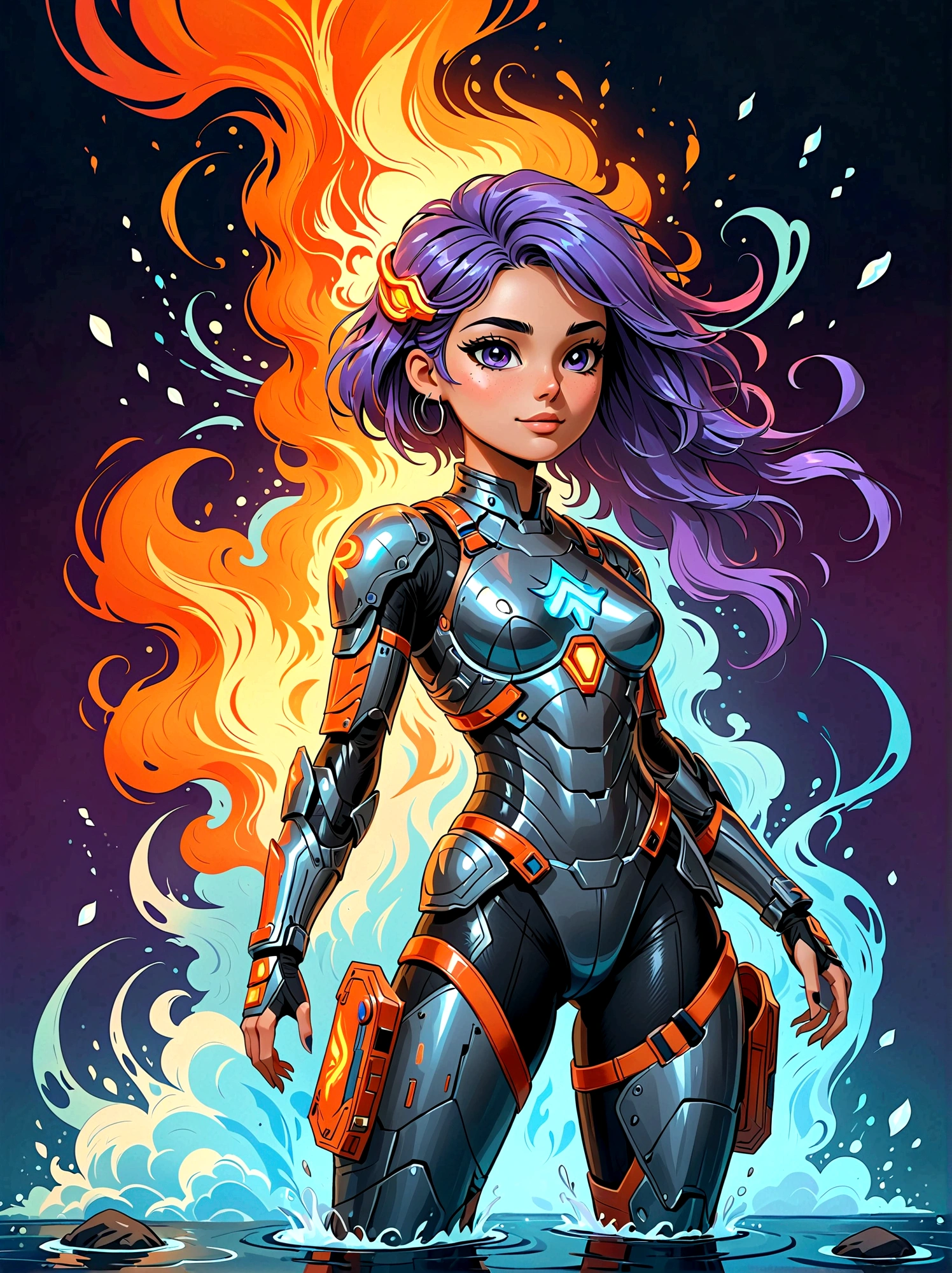 (masterpiece,Best quality:1.2,lifelike:1.4),Cartoon Characters,Vector illustration,Abstract style 1girl,full body,smoke,water,cloud,fire,, best quality, ultra high res, (photorealistic:1.4), Non-representational, colors and shapes, expression of feelings, imaginative, highly detailed, (transparent heavy armor warrior tranzp suit:1) neon vein, heavy armor helmet with purple and orange neon transparent glow made of ral-ledlights, 1kexx1