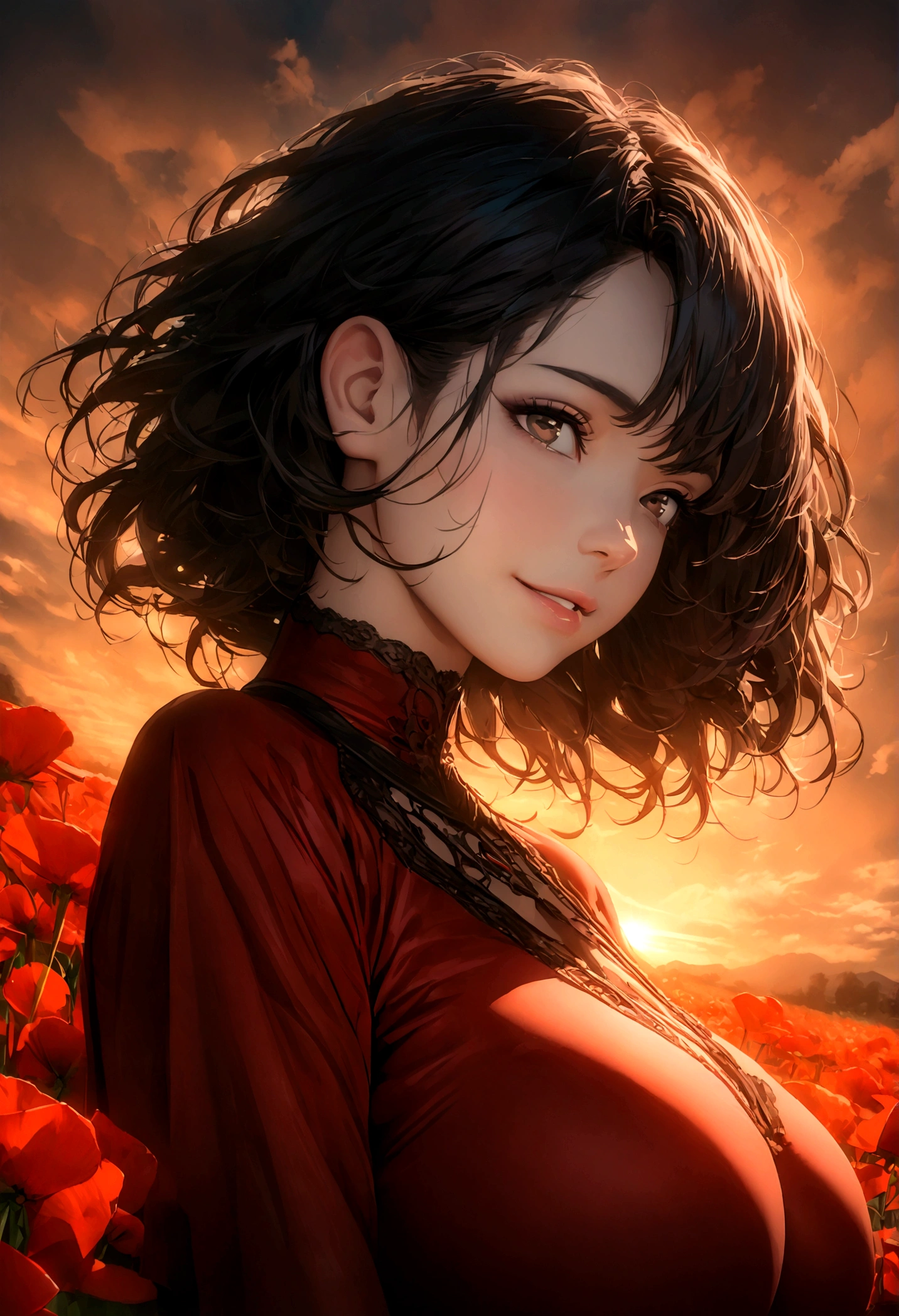 (best quality,4k,8k,highres,masterpiece:1.2),ultra-detailed,(best quality,realistic:1.2), lovely woman, Beautiful girl, red dress, skin tight dress, short black hair, field of poppy flowers, portrait, standing in an s-shape, lustful smile, seductive eyes, sexy breasts, ample breasts, curvy hips, sunset, play, joy, beauty, harmony, portrait, soft lighting, vibrant colors, HDR, 8k, absurdres, cinestill 800, sharp focus, add_detail:2, Ultra HD | | | ((Fullbody-shot)) add_detail:2 (1woman, solo)