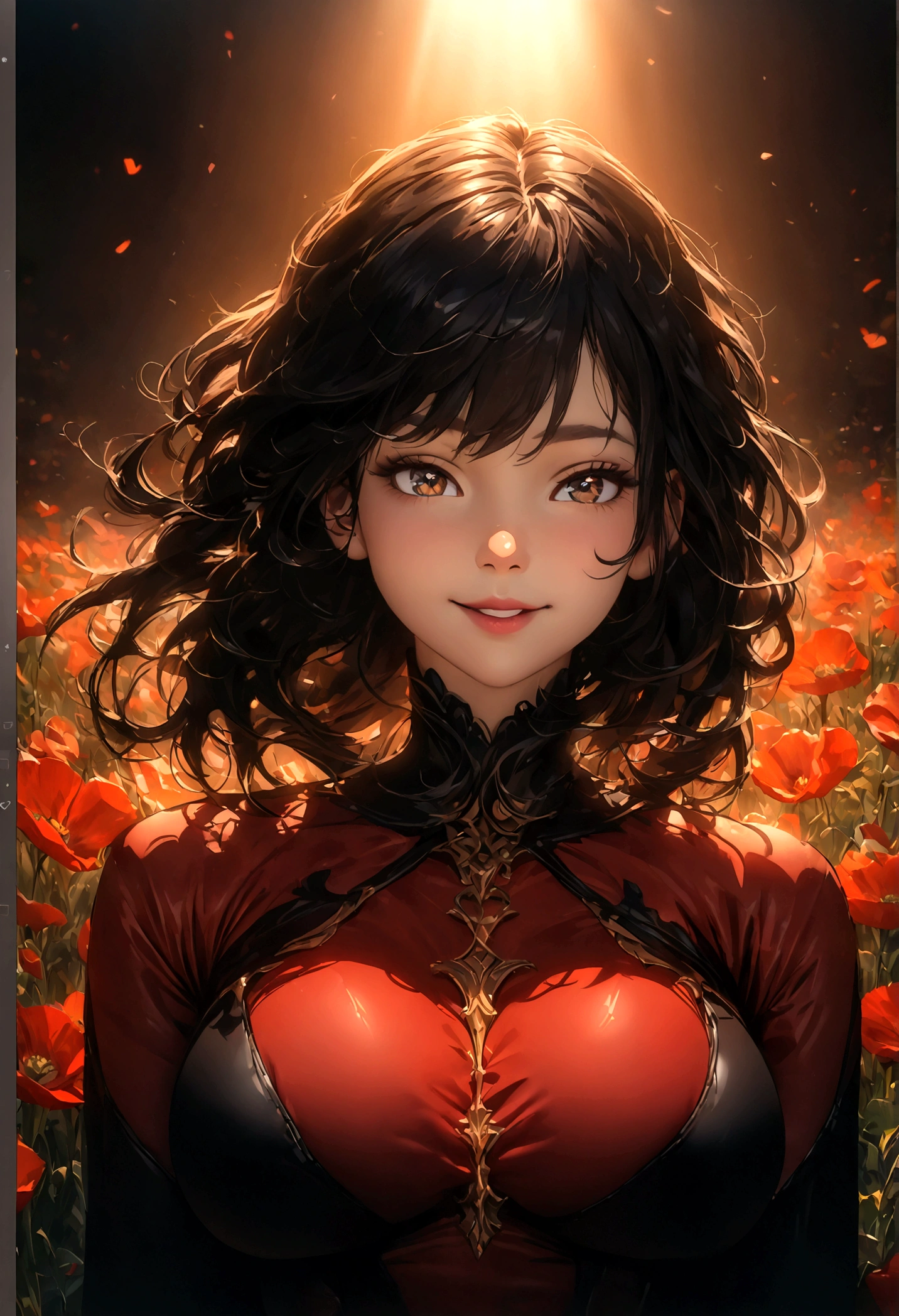 (best quality,4k,8k,highres,masterpiece:1.2),ultra-detailed,(best quality,realistic:1.2), lovely woman, Beautiful girl, red dress, skin tight dress, short black hair, field of poppy flowers, portrait, standing in an s-shape, lustful smile, seductive eyes, sexy breasts, ample breasts, curvy hips, sunset, play, joy, beauty, harmony, portrait, soft lighting, vibrant colors, HDR, 8k, absurdres, cinestill 800, sharp focus, add_detail:2, Ultra HD | | | ((Fullbody-shot)) add_detail:2 (1woman, solo)