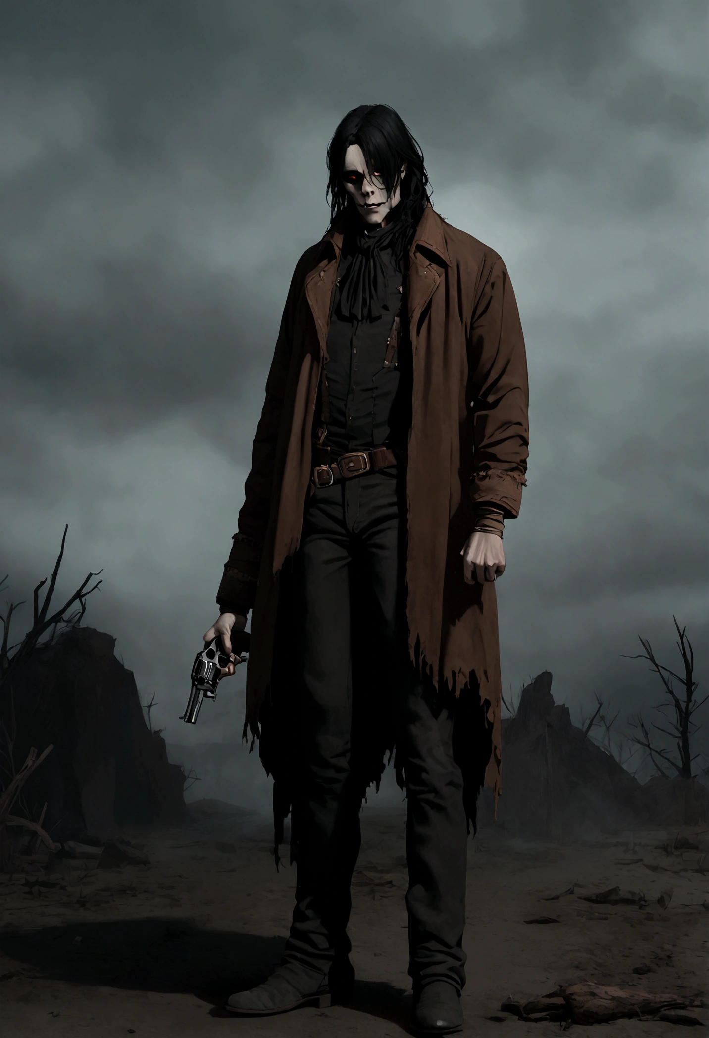An undead Cowboy with a split jaw and empty eye sockets, gloomy atmosphere, rot, full body, western, revolver