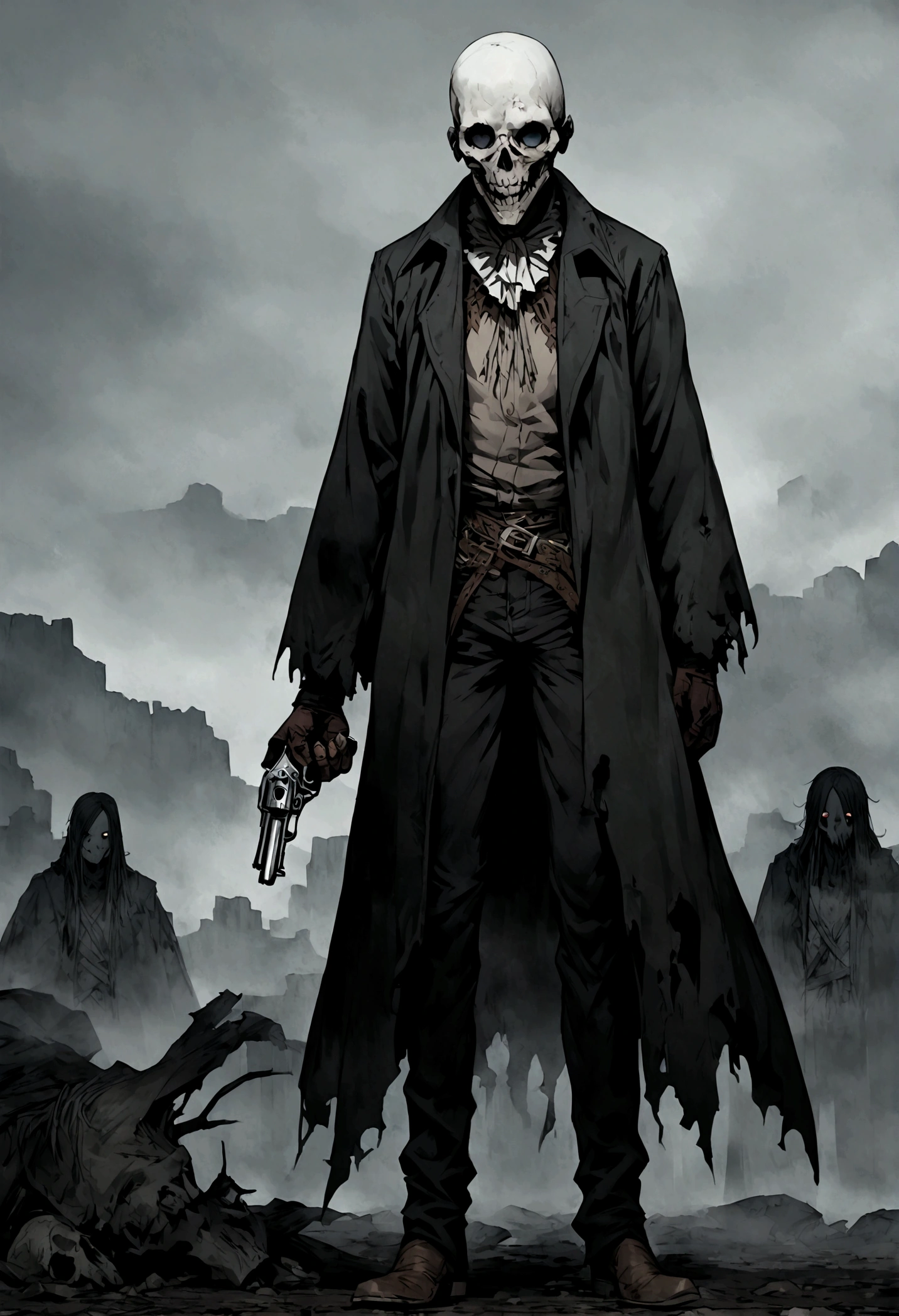 An undead Cowboy with a split jaw and empty eye sockets, gloomy atmosphere, rot, full body, western, revolver