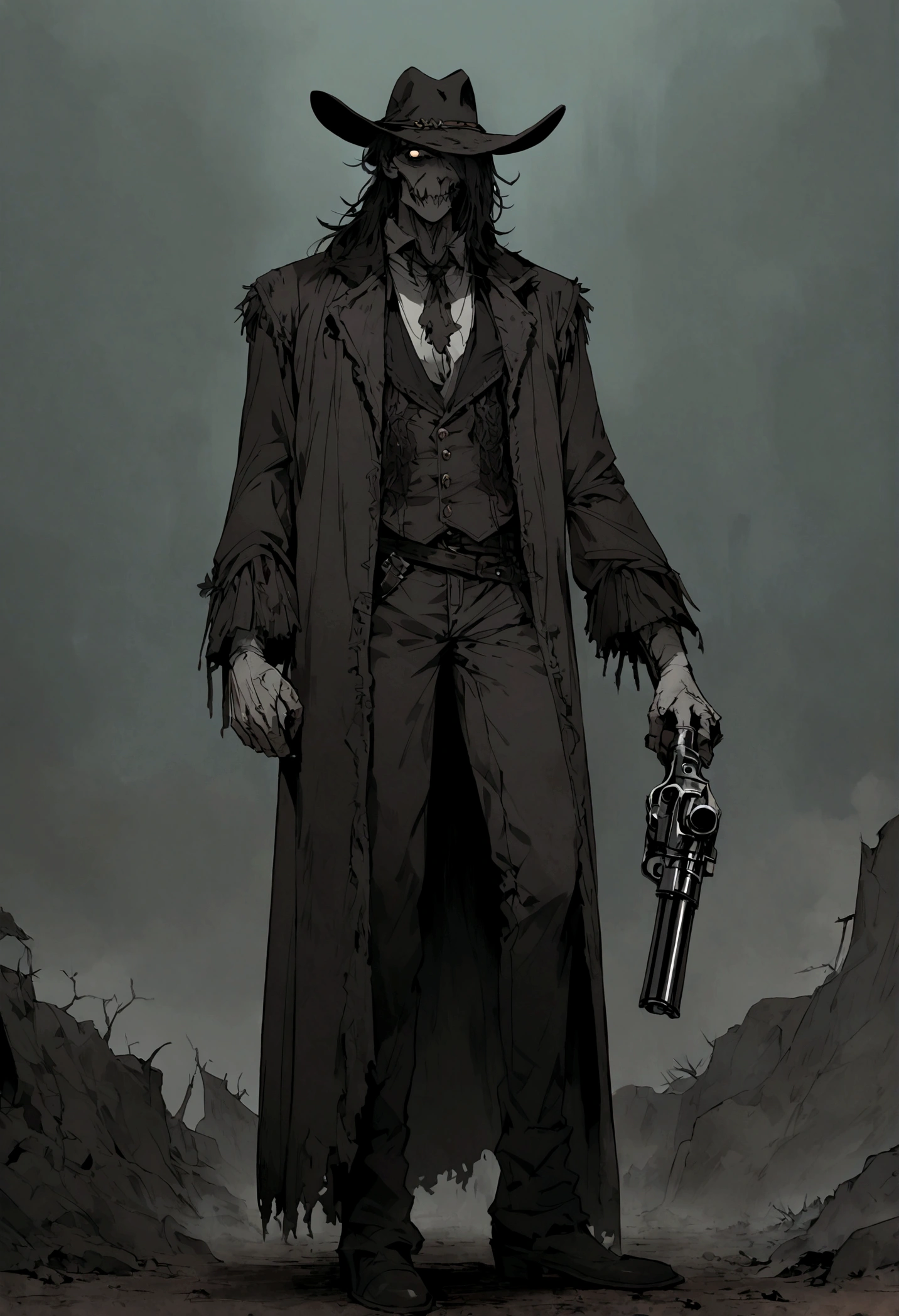 An undead Cowboy with a split jaw and empty eye sockets, gloomy atmosphere, rot, full body, western, revolver