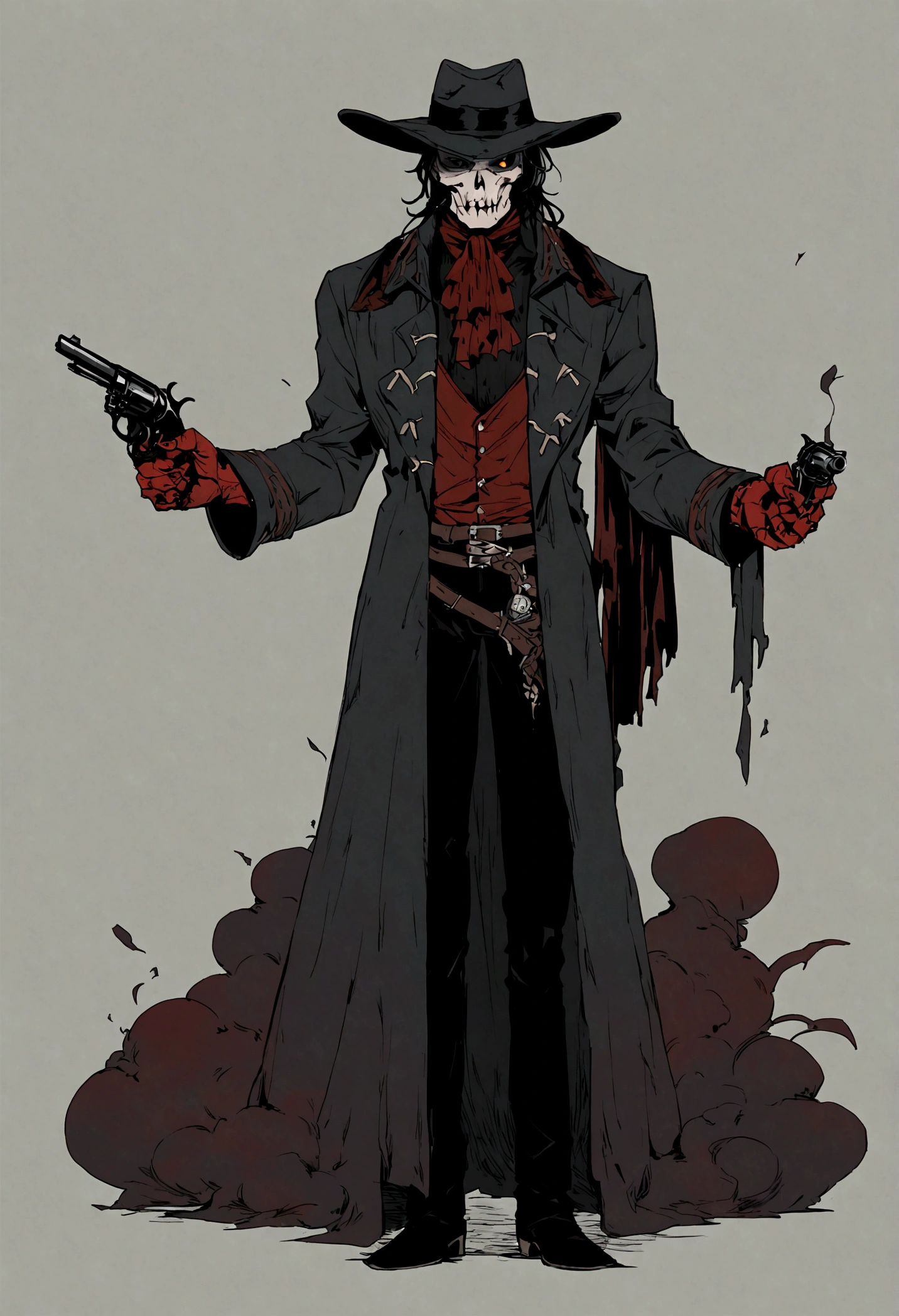 An undead Cowboy with a split jaw and empty eye sockets, gloomy atmosphere, rot, full body, western, revolver