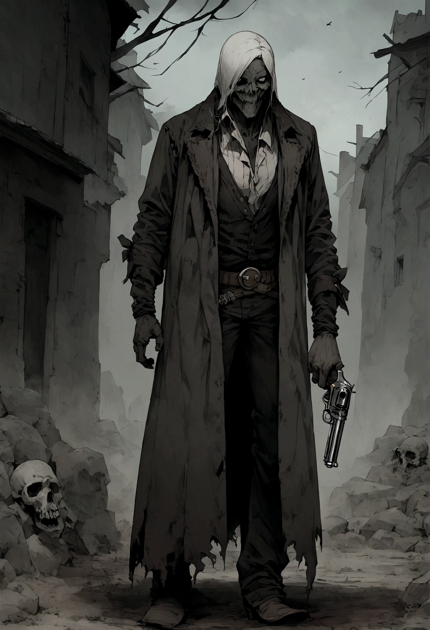 An undead Cowboy with a split jaw and empty eye sockets, gloomy atmosphere, rot, full body, western, revolver