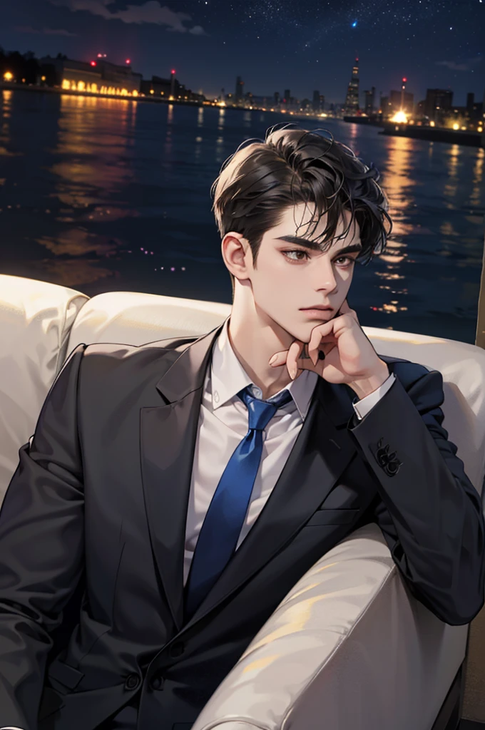 (absurdres, highres, ultra detailed, realistic, ), 1 male, solo, adult, mature, tall muscular guy, ,（sitting on a sofa,cross-legged）, broad shoulders, handsome, very short hair, black hair, brown eyes, angular jaw, thick neck, thick eyebrows, night, dark, the night view of the city background, formal suit, necktie, upper body