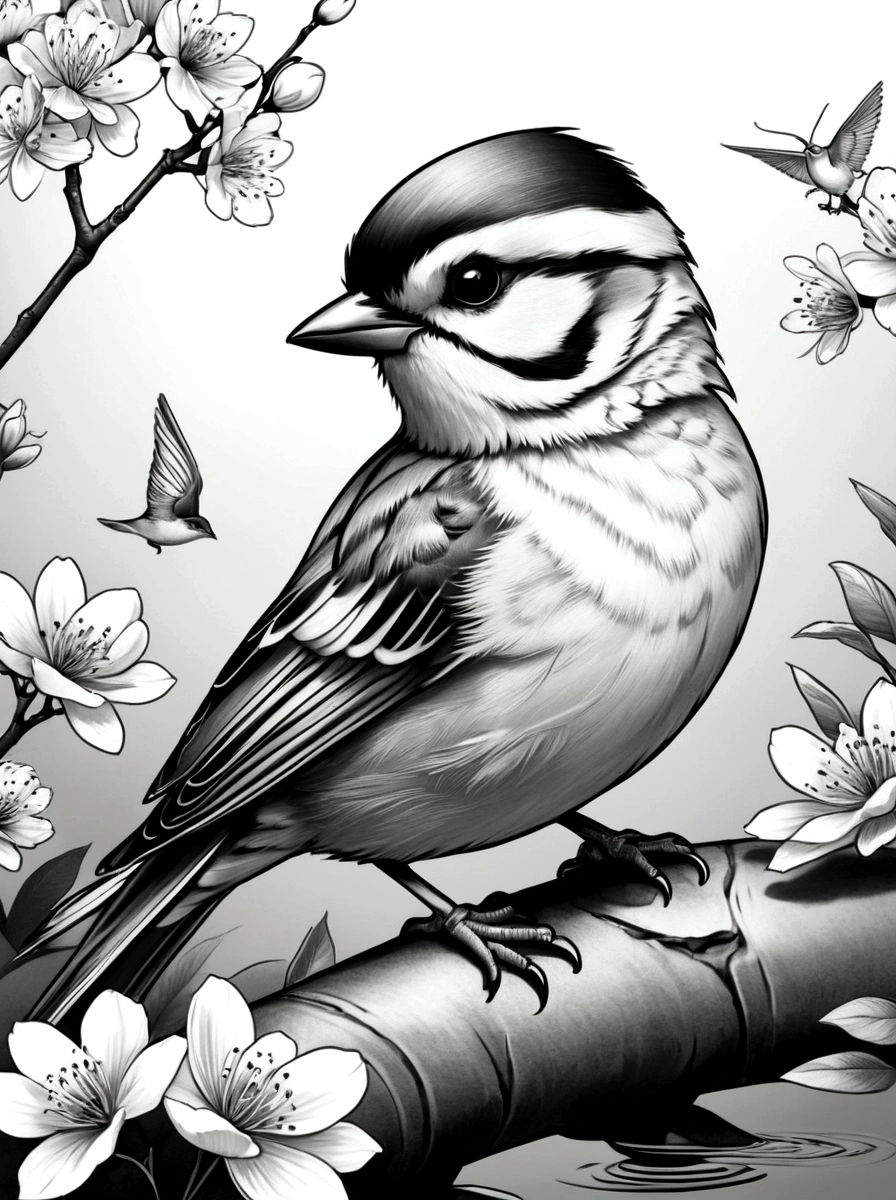 As a coloring book, White background, black and white, line drawing.borders should be simple, clear, distinct, and thick lines.
By Cartoon style of [sparrow], [detailed feathers, small beak, expressive eyes], [Japanese garden with a koi pond], [cherry blossoms]
