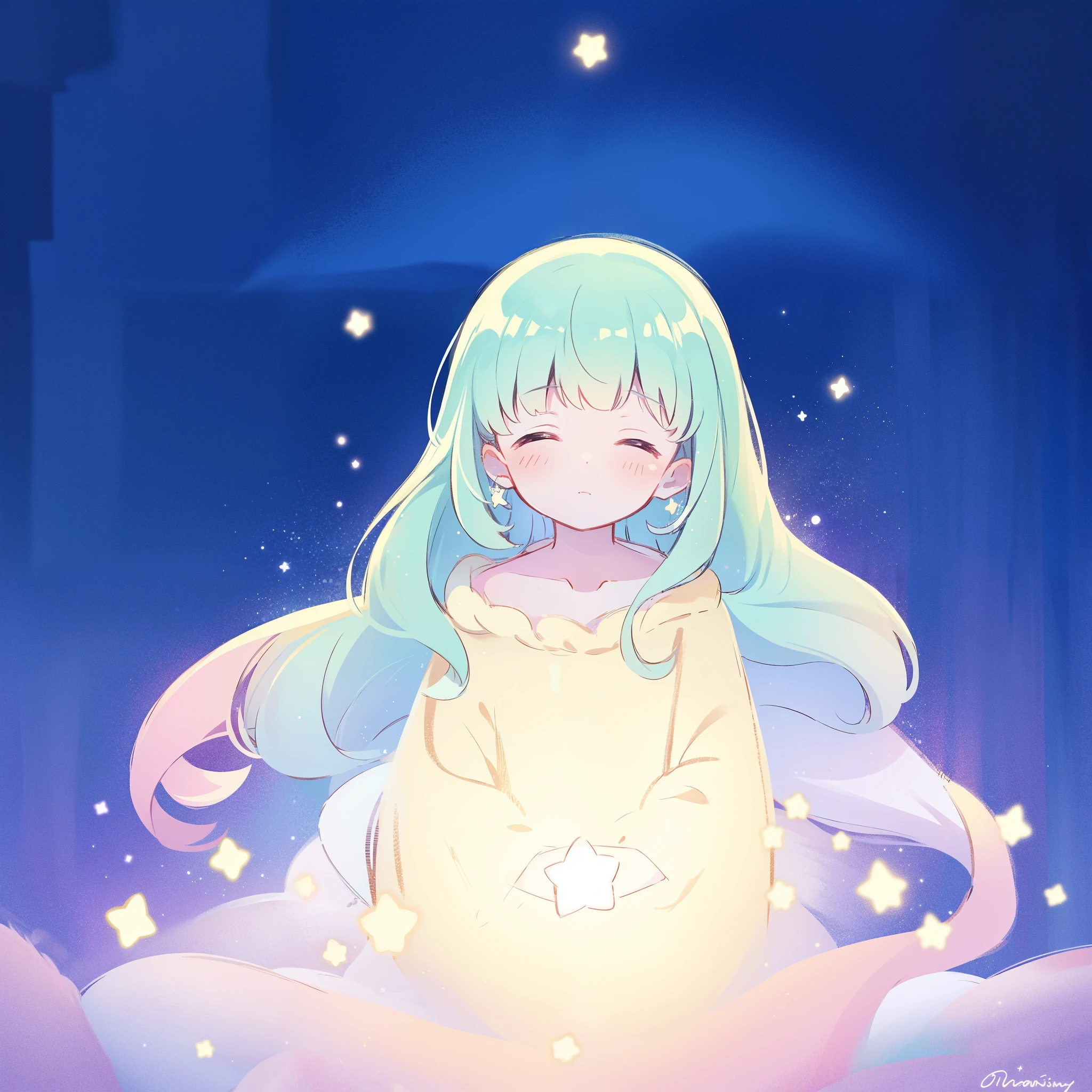 complex background, wishing star background, gradient colorful blue mint hair, a woman wearing an ethereal mystical pink translucent dress that reflects the stars, dreamy, peaceful, serene composition, glowing stars, glowing, complex drawing, highly detailed, ethereal, starry night, midjourney style