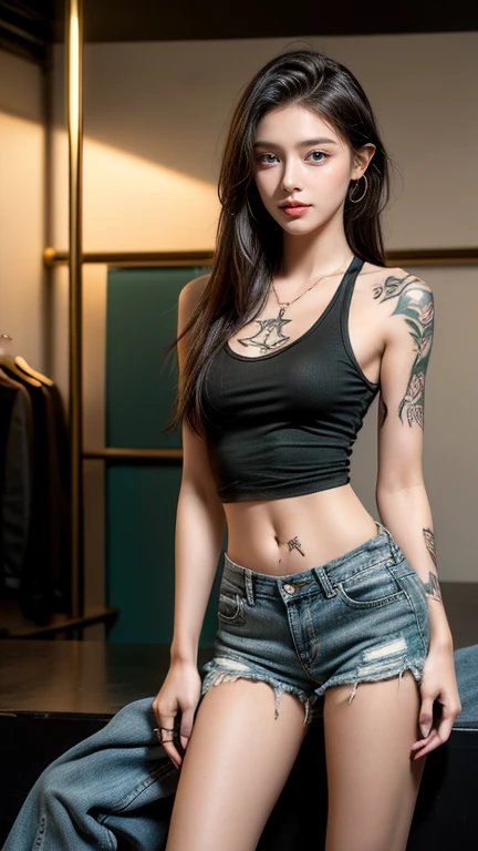 young girl (21 years old), (perfect face.), fit the body (tattoo designs), (rock style), (green eyes), (full body close up), (tired: black band shirt, Torn jeans shorts), (gold color, short straight hair ), (medium sized, stomach wide open, model, Sagging breasts, Hard nipples.), (The back is a nightclub style....) fashion booth shoes