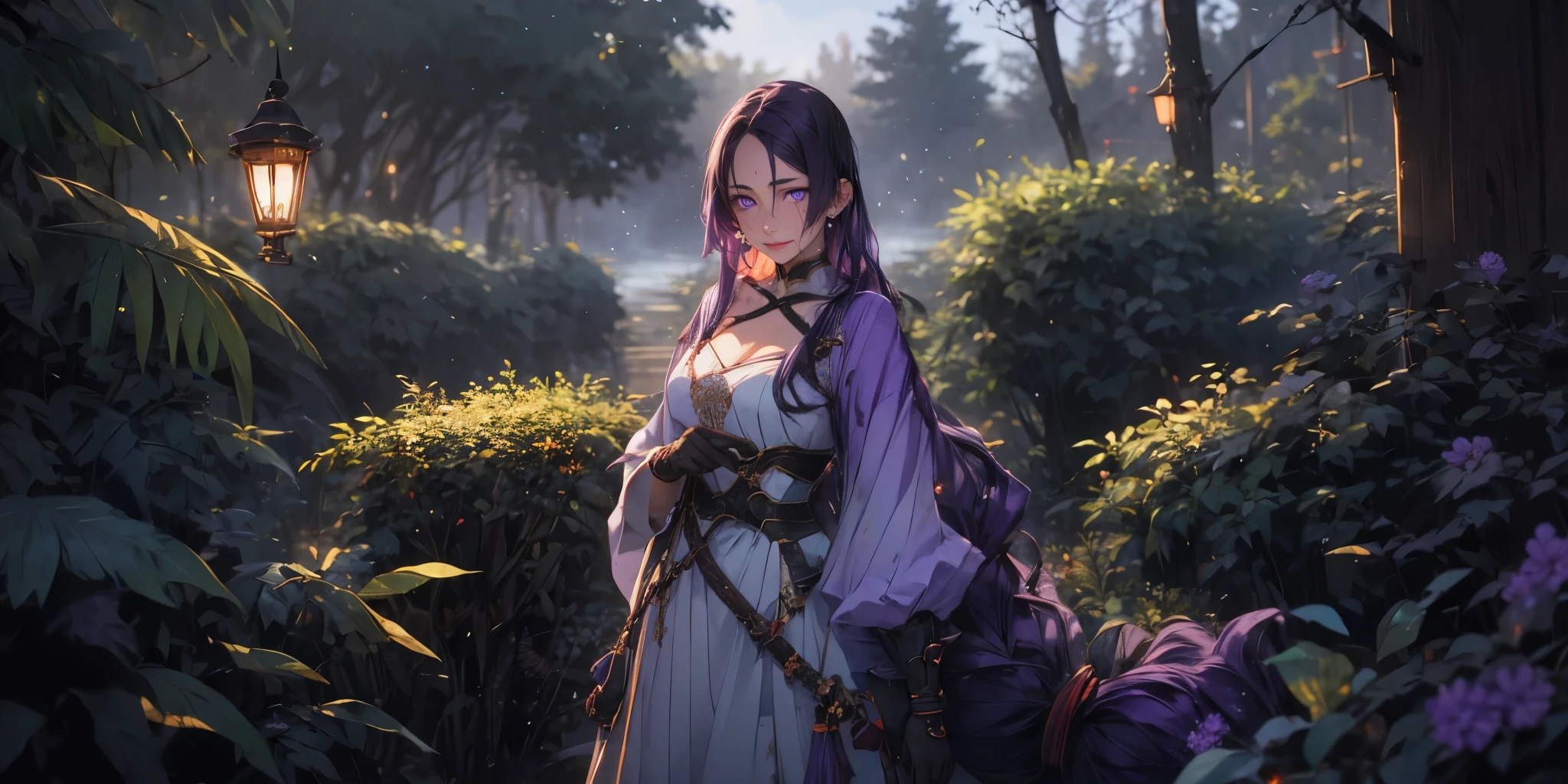 hmmr1, minamoto no raikou (fate), (dark-purple hair, long hair:1.3), purple eyes, fantasy scenery, 1girl, breasts, gloves, white dress, cleavage, outdoors, solo, standing, tree, large_breasts, black_gloves, nature, looking_at_viewer, forest, butterfly, bokeh, spotlight, snowflakes, tree, light particles, hollow eyes, sweating, steaming face, smirk, upper teeth, purple eyes, looking at viewer, glowing eyes, 