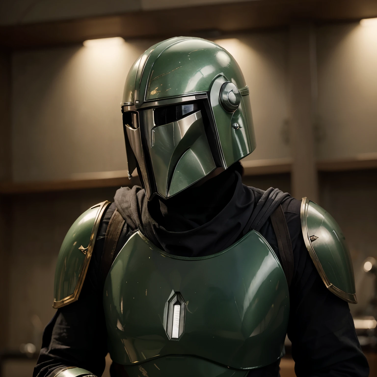 (Masterpiece: 1.1)
High-resolution, ultra-detailed cinematic photograph of a Mandalorian, clad in a green tunic and a distinctive green helmet, handing over a stack of credits earned as a Valuables Broker. The Mandalorian's visage, partially concealed by the helmet, exudes a sense of stoicism and determination. The skin texture is meticulously detailed, featuring subtle lines and a slight greenish tint under the helmet's lighting.

(Best quality, Ultra-detailed: 1.2)
The composition of the image follows the golden ratio, with the Mandalorian centrally positioned