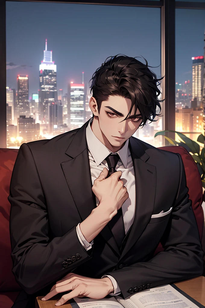 (absurdres, highres, ultra detailed, realistic, ), 1 male, solo, adult, mature, tall muscular guy, ,（sitting on a sofa,cross-legged）, broad shoulders, handsome, very short hair, black hair, brown eyes, angular jaw, thick neck, thick eyebrows, night, dark, the night view of the city background, formal suit, necktie, upper body