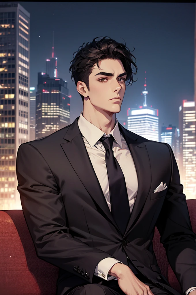 (absurdres, highres, ultra detailed, realistic, ), 1 male, solo, adult, mature, tall muscular guy, ,（sitting on a sofa,cross-legged）, broad shoulders, handsome, very short hair, black hair, brown eyes, angular jaw, thick neck, thick eyebrows, night, dark, the night view of the city background, formal suit, necktie, upper body