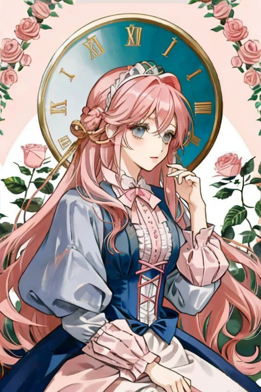 apathetic anime woman with long pink hair and grey eyes dressed in Victorian clothing 