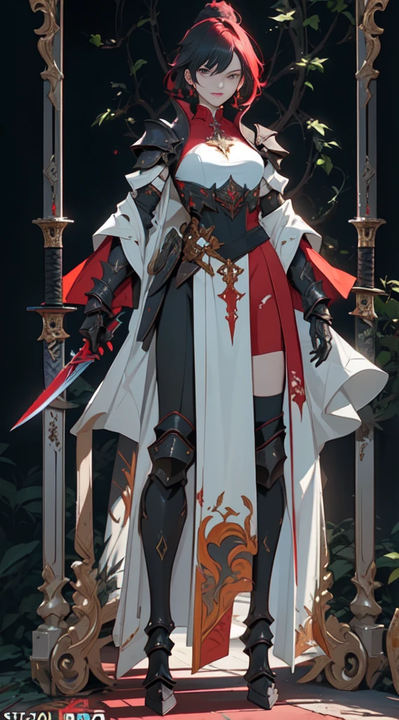 (((masterpiece, best quality, high detailed, 8k))) Design a layout showcase Gaming character, (1girl). Red|Black clothes, stylish and unique. ((showcase weapon:1.4)), enchanted sword. (masterpiece:1.2), (best quality), 4k, ultra-detailed. (Step by step design, layout art:1.5), (luminous lighting, atmospheric lighting). warrior, ((glove full hands)), (((revealing clothes:1.3))), vambraces, armored legwear, (((full_body_shot:1.4))). {In a mystical forest}.
