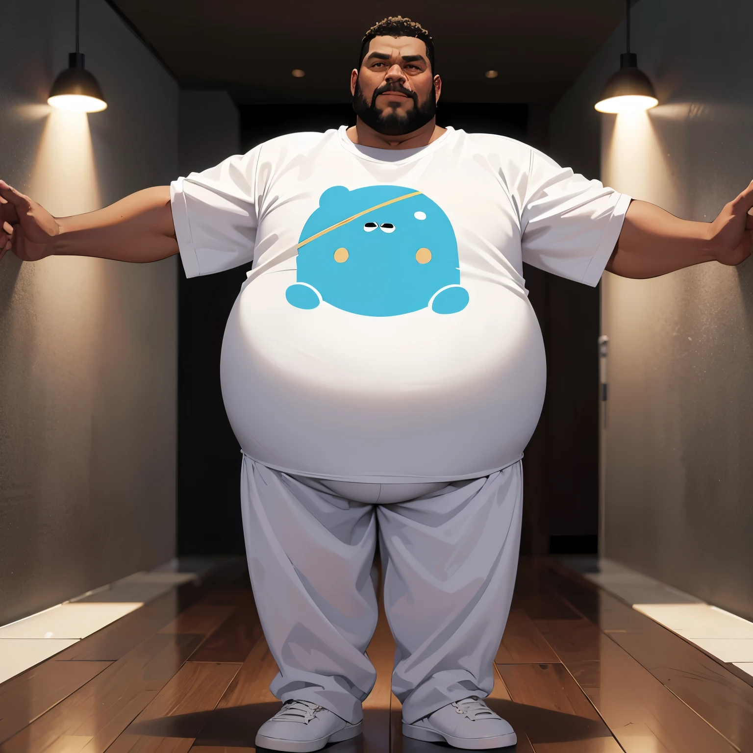 (8K Graphic Art) (fondo de un pasillo estrecho) sexy: Un solo hombre africano calvo sin pelo, cacheton gigante, obeso, muy barrigon, serio, 60 year old grumpy 35 meter tall bodyguard with a huge belly, corpulento de barriga con una forma redonda con un cuerpo obeso completo, standing in a hallway with a huge distended belly sticking out to the side like a huge beach ball, usando una camisa blanca uniforme, Long pants, gafas de sol con vientre enorme globo hinchado de 800 libras pesado lleno de mucha cerveza con una enorme barriga colgando entre sus rodillas, with his arms supporting his stomach