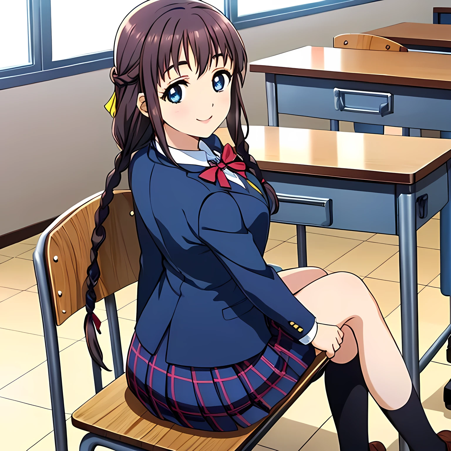 (highest quality, masterpiece:1.2), highest quality, High resolution, 1080p, 8K, Height: 158cm, High-definition anime-style CG, ((A very noble, pretty and neat beautiful girl of the game heroine is sitting on a chair in a school classroom.、Looking back and smiling gently)), He tries to hide his shocked mouth with his hands., A face that everyone loves, Glossy lips, Even bangs, Double, Long eyelashes on both the top and bottom, Wide-open blue eyes, detailed in detail, The very large red shiny wide ribbon bowtie is very cute., ((Black Hair)), ((long twin braids)), (((A long, neat, dark navy blue checked pleated skirt))), (((Dark blue winter long sleeve blazer))), How to wear a neat uniform, Extremely lustrous, shiny game heroine lips, Mouth open, Ribbon in hair, Tight waist, The ribbon is big and very pretty., Beautiful hair like a hair model