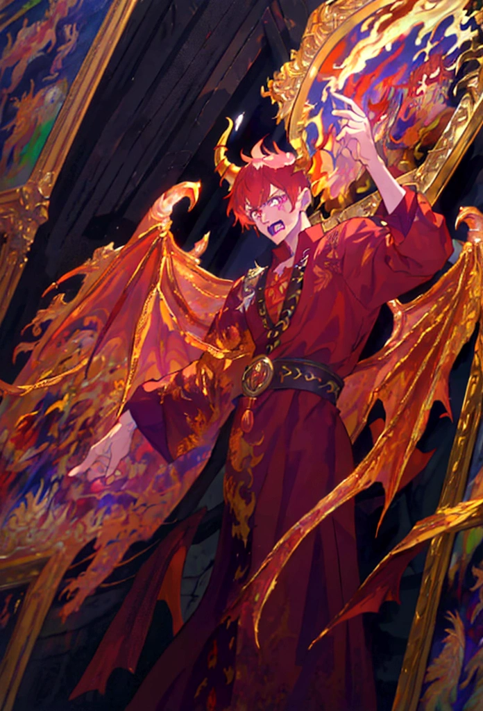 1 man, red hair, full body, ((half human and half dragon)), menacing gaze, horns coming out of his head and neck, golden scales around his arms, inspired by The Fallen Angel ((The Crying Lucifer Painting)) , breath of fire character, emperor of dragons, kaiser