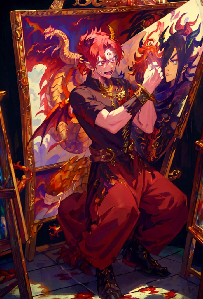 1 man, red hair, full body, ((half human and half dragon)), menacing gaze, horns coming out of his head and neck, golden scales around his arms, inspired by The Fallen Angel ((The Crying Lucifer Painting)) , breath of fire character, emperor of dragons, kaiser