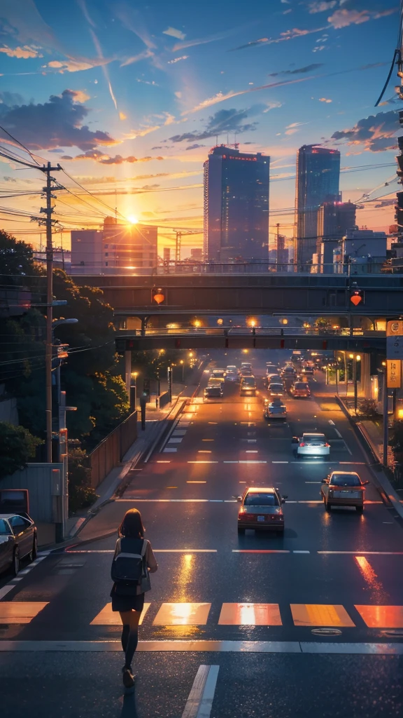 A shining sunset,sunset,Cars passing by on the road,Tokyo city,traffic jam,Looking from the footbridge
