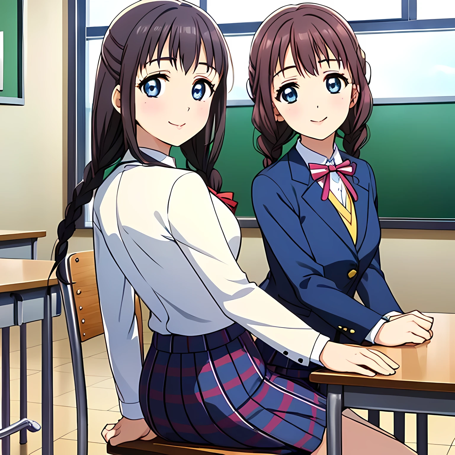 (highest quality, masterpiece:1.2), highest quality, High resolution, 1080p, 8K, Height: 158cm, High-definition anime-style CG, ((A very noble, pretty and neat beautiful girl of the game heroine is sitting on a chair in a school classroom.、Looking back and smiling gently)), He tries to hide his shocked mouth with his hands., A face that everyone loves, Glossy lips, Even bangs, Double, Long eyelashes on both the top and bottom, Wide-open blue eyes, detailed in detail, The very large red shiny wide ribbon bowtie is very cute., ((Black Hair)), ((long twin braids)), (((A long, neat, dark navy blue checked pleated skirt))), (((Dark blue winter long sleeve blazer))), How to wear a neat uniform, Extremely lustrous, shiny game heroine lips, Mouth open, Ribbon in hair, Tight waist, The ribbon is big and very pretty., Beautiful hair like a hair model
