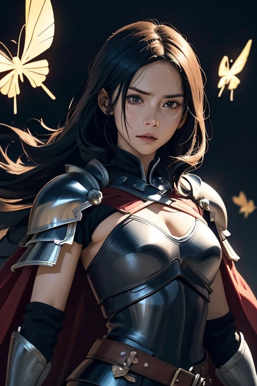 (masterpiece, highest quality)、Fantasy Hero Party、Cute black knight、The sword in his hand has a black blade、Except for his head, he is covered in black armor.、Fluttering Black Cape、Not scary、