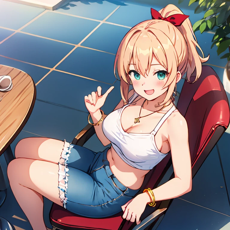 Best quality
ultra-detailed
Slender body type
Mediterranean island cafe
Late golden time
Sitting on the chair
White Blond hair
Ponytail with red ribbon
Simple necklace
Simple bracelet
Sparkling dark blue-green eyes:0.6
Slightly lager breasts
Cute pink nipple
Very happy Open-mouth smile:1.4
Blush
Wearing denim hot pants
Pinching breasts
From above
Full body:1.4
squint down turned eyes
Looking away:0.8