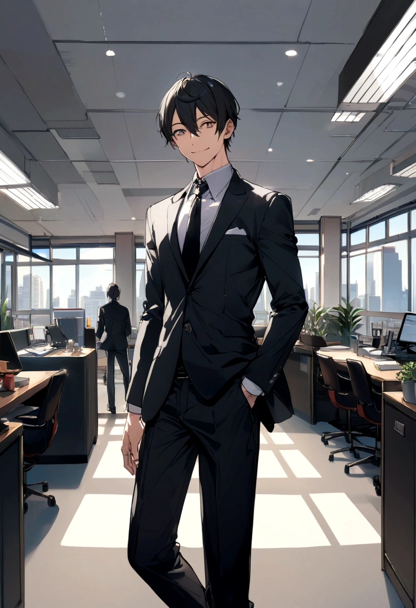 male,Elegant black suit、Tall Slim、smile、Office area at noon、