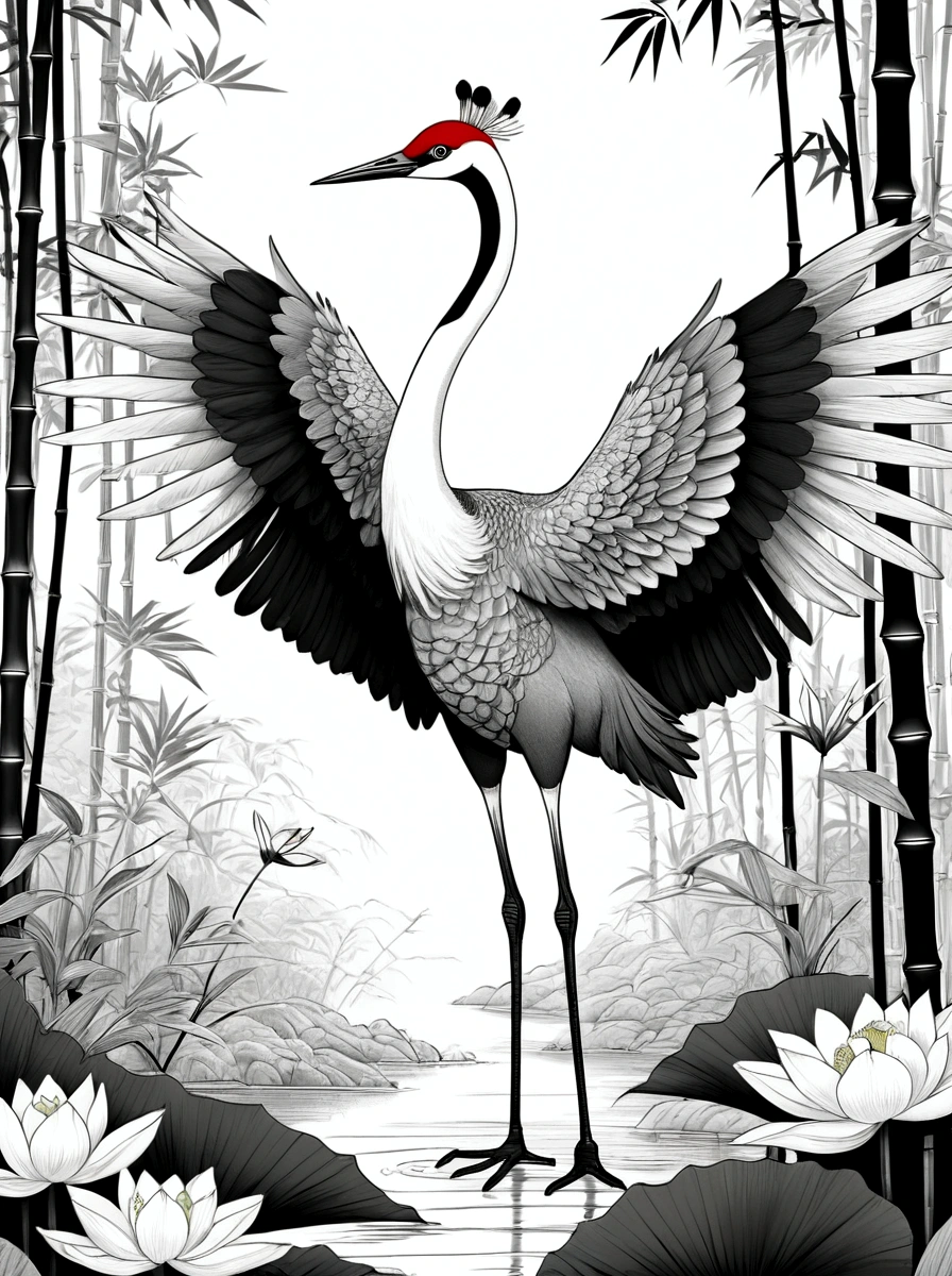 As a coloring book, White background, black and white, line drawing. borders should be simple, clear, distinct, and thick lines.
By Cartoon style of [crane], [long neck, elegant wings, poised stance], [bamboo forest], [lotus flowers]
