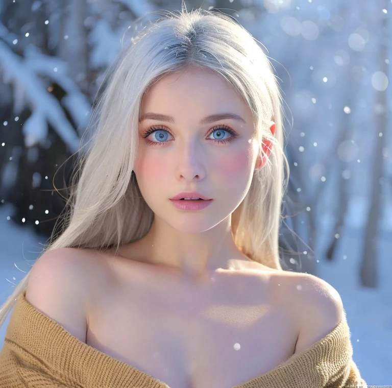 Beautiful girl, blue eyes, white hair, detailed facial traits, national russian female dress, naked breasts, yurta behind, it's snowing