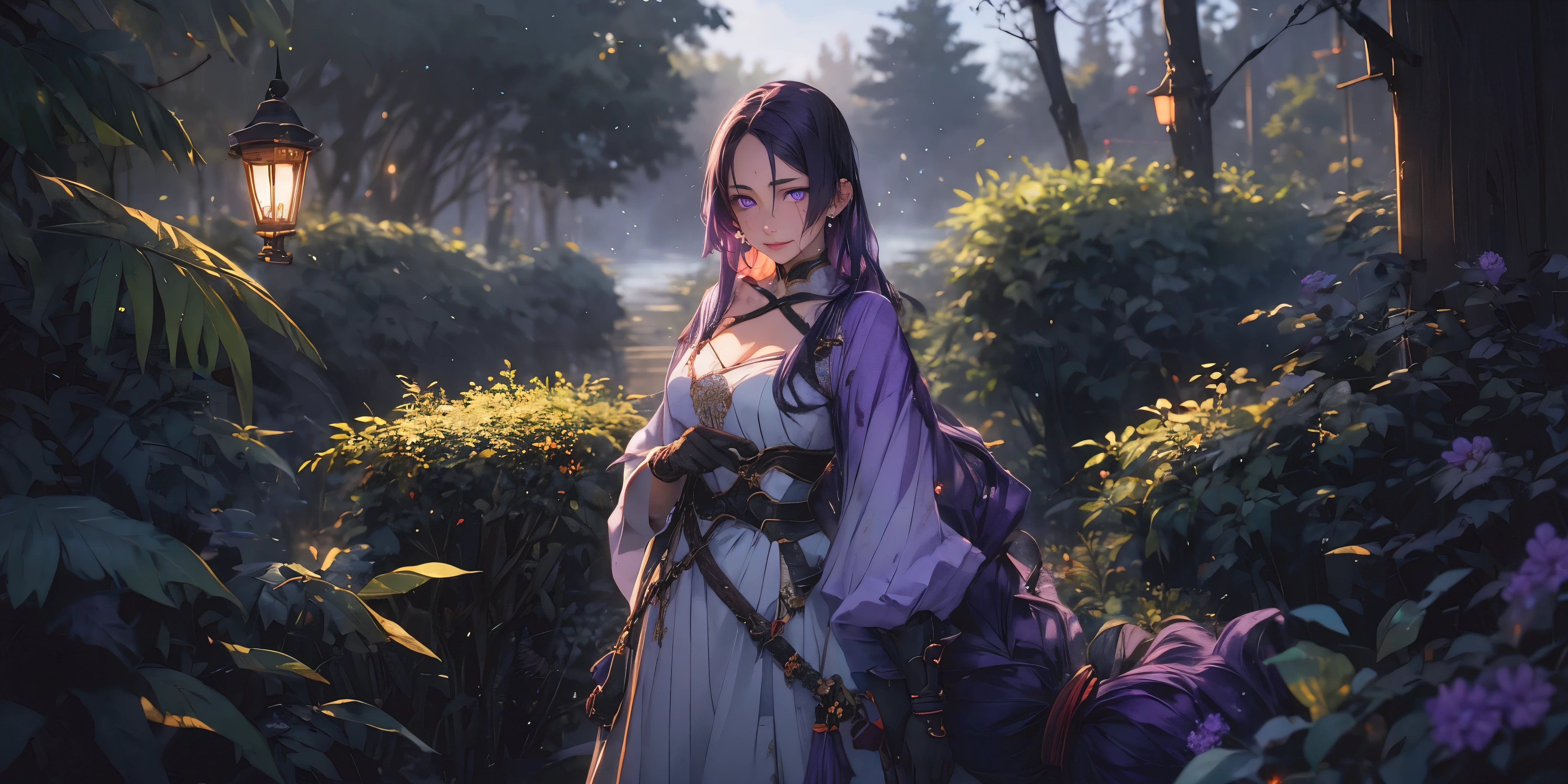 hmmr1, minamoto no raikou (fate), (dark-purple hair, long hair:1.3), purple eyes, fantasy scenery, 1girl, breasts, gloves, white dress, cleavage, outdoors, solo, standing, tree, large_breasts, black_gloves, nature, looking_at_viewer, forest, butterfly, bokeh, spotlight, snowflakes, tree, light particles, hollow eyes, sweating, steaming face, smirk, upper teeth, purple eyes, looking at viewer, glowing eyes, 