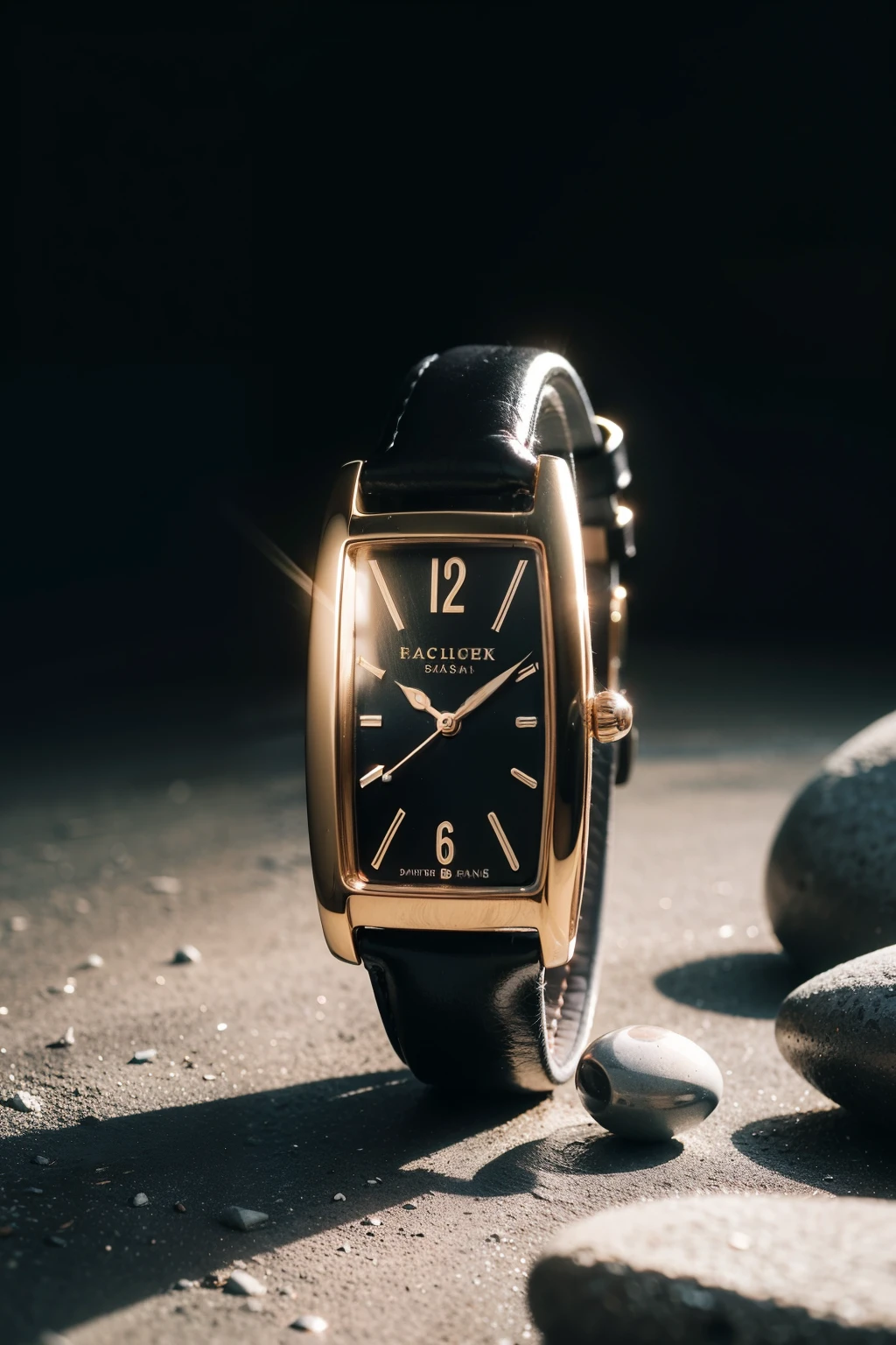 ((best quality)), ((masterpiece)), (detailed),1 Watch,metallic feel,E-commerce scenario,Surrounded by stones and gravel,Backlight,Product Scenario,Dark Tones,Vertical viewing angle,geometry