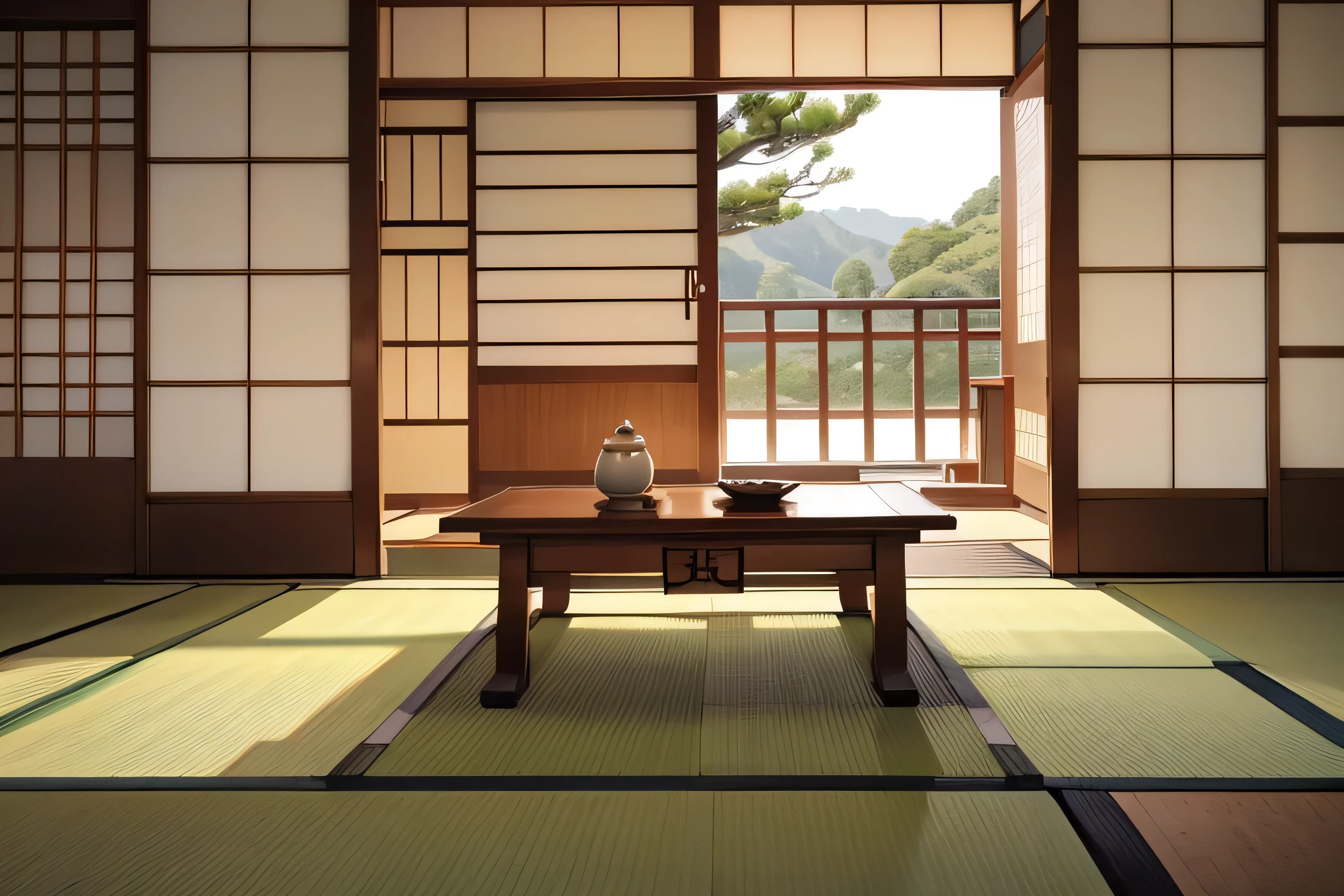 traditional japanese, japanese style, inspired by Sesshū Tōyō, japanese influences, modern japanese living room, inspired by Shūbun Tenshō, by Kano Tan'yū, ryokans and edo era houses, ancient japanese architecture, japanese house,NO HUMAN, NO CHARACTER