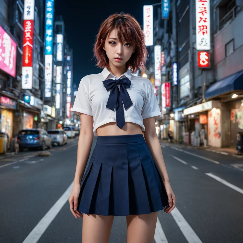 (8k, RAW photo, masterpiece:1.3), (realistic, photo-realistic:1.37), (night), (looking at viewer:1.331), (bloody hair), posing, Tokyo street, nightcityscape, cyberpunk city, soft light, topless girl, extremely beautiful face, bust, put down hands, Random hairstyle, Random expression, big eyes, lower abdomen, (short-sleeved .JK_shirt), JK_style, (dark blue short JK_skirt), (bow JK_tie), mix4., best quality