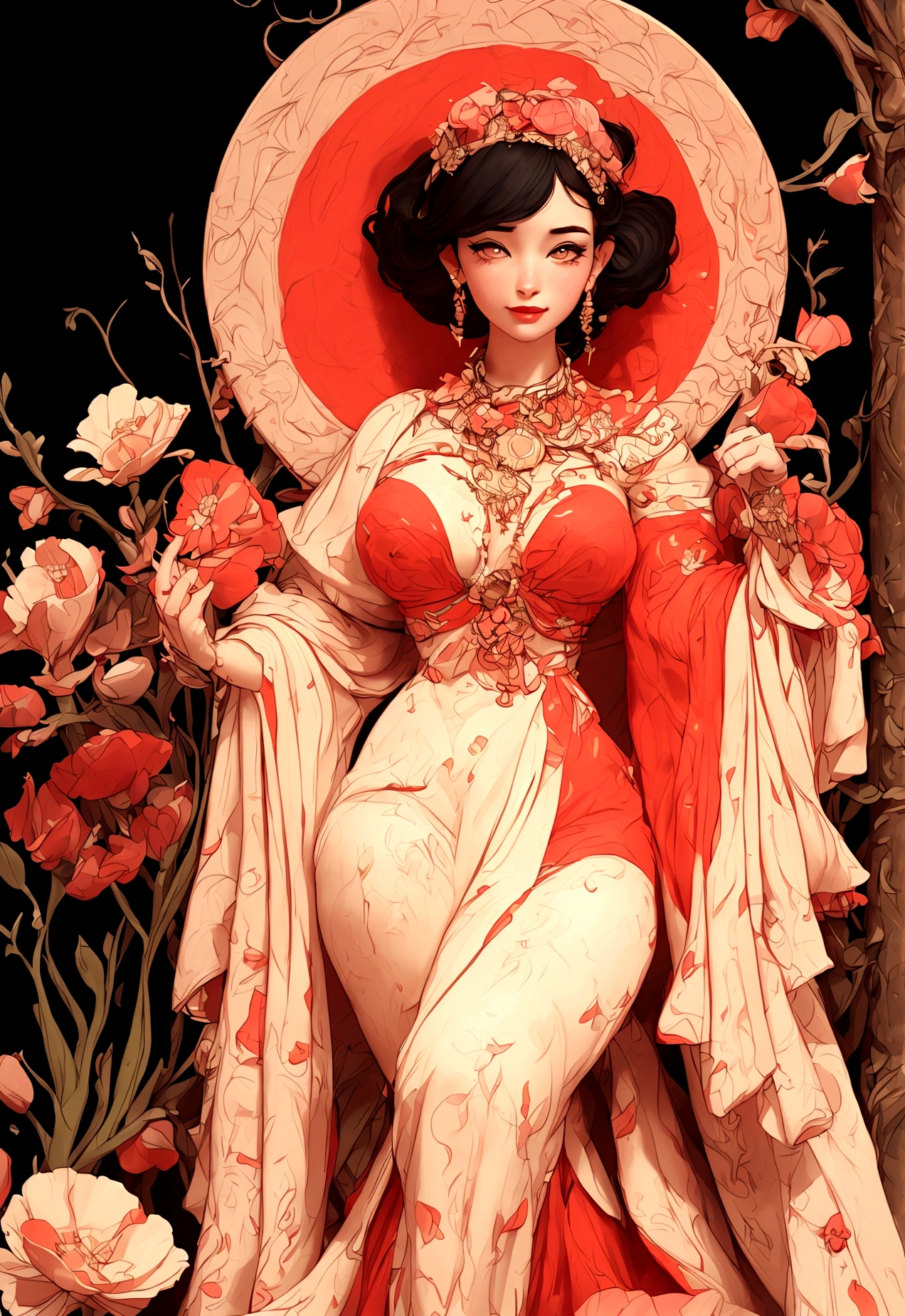 (best quality,4k,8k,highres,masterpiece:1.2),ultra-detailed,(best quality,realistic:1.2), lovely woman, Beautiful girl, red dress, skin tight dress, short black hair, field of poppy flowers, portrait, standing in an s-shape, lustful smile, seductive eyes, sexy breasts, ample breasts, curvy hips, sunset, play, joy, beauty, harmony, portrait, soft lighting, vibrant colors, HDR, 8k, absurdres, cinestill 800, sharp focus, add_detail:2, Ultra HD | | | ((Fullbody-shot)) add_detail:2 (1woman, solo)