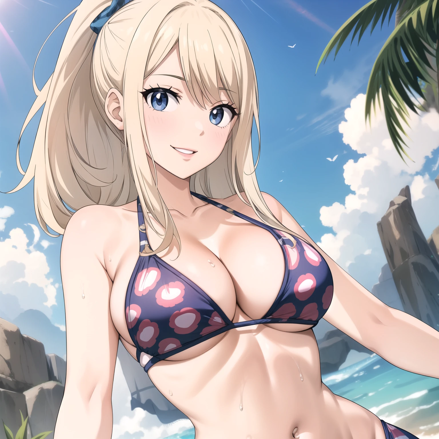 Rebecca Bluegarden, Female 27 years old, cabello rubio ceniza, ojos azules,sonrisa, light blue leopard print bikini, gotas de agua en su pecho,  fondo un balneario. sunny day.  cuerpo completo. rubia, pelo rubio ceniza.