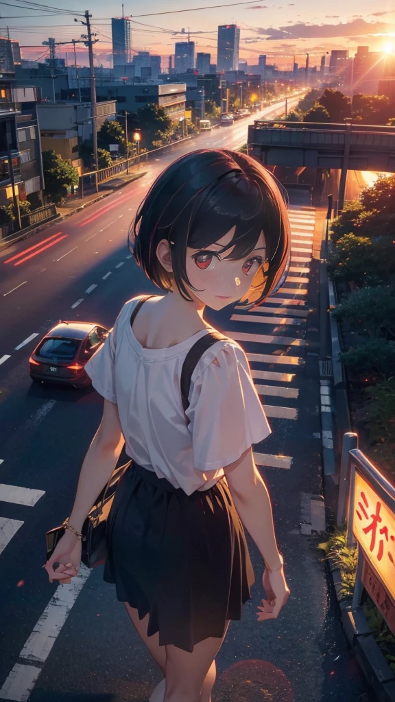 A shining sunset,sunset,Cars passing by on the road,Top-down view,Tokyo city,traffic jam,A girl with short bob hair and red eyes looking down on a footbridge