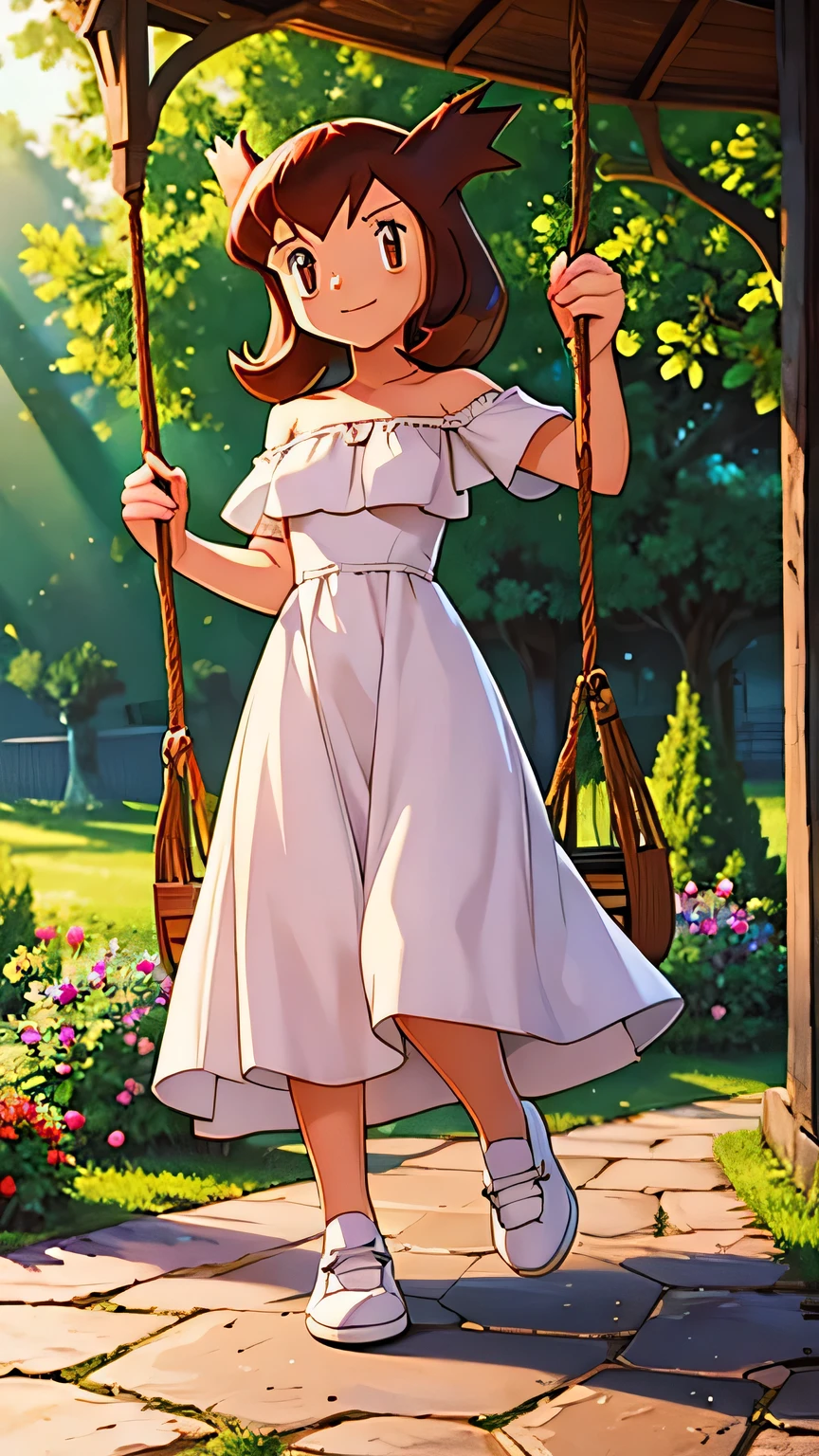 masterpiece, best quality, ultra-detailed, illustration, beautiful detailed eyes, very detailed illustration, cinematic lighting, 1 girl, solo, Pokemon Heroes (Bianca), Brown Hair, brown eyes, 1 girl, solo, bare shoulders, strapless, off shoulders, ruffle off the shoulder top, white maxi dress, intricate details, sharp focus, high resolution, evening light, purple sundown, garden and forest, swinging on her swing inside a gazebo, cowboy shot, white shoes, full body, light smile
