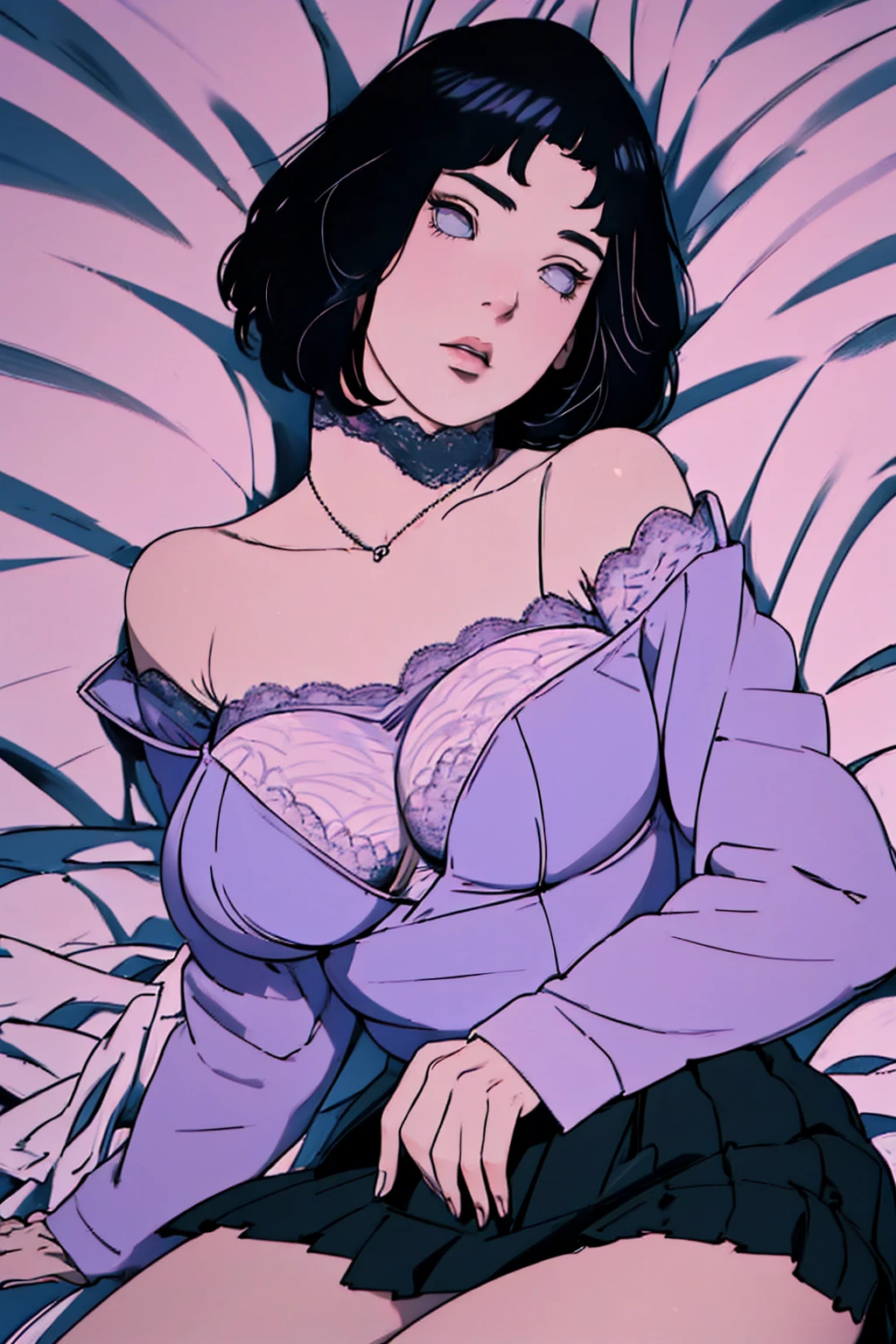 { - anatomy error} (Masterpiece - Ultra-detailed, very high resolution) (huge titusty, masterpiece, absurdres, hinata\(boruto\), 1girl, solo,mature female, off-shoulder bra, high waist black short skirt, looking at viewelling petals), perfect composition, detailed lips, big breast, beautiful face, body propotion, blush, (pink lips), short hair, (black hair), purple eyes, soft gaze, super realistic, detailed, photoshoot, realistic face and body, closed mouth, laying on the bed , lilac eyes, full body, lace clothes, with chin resting on shoulder, perfect fingers, backwards, looking back,