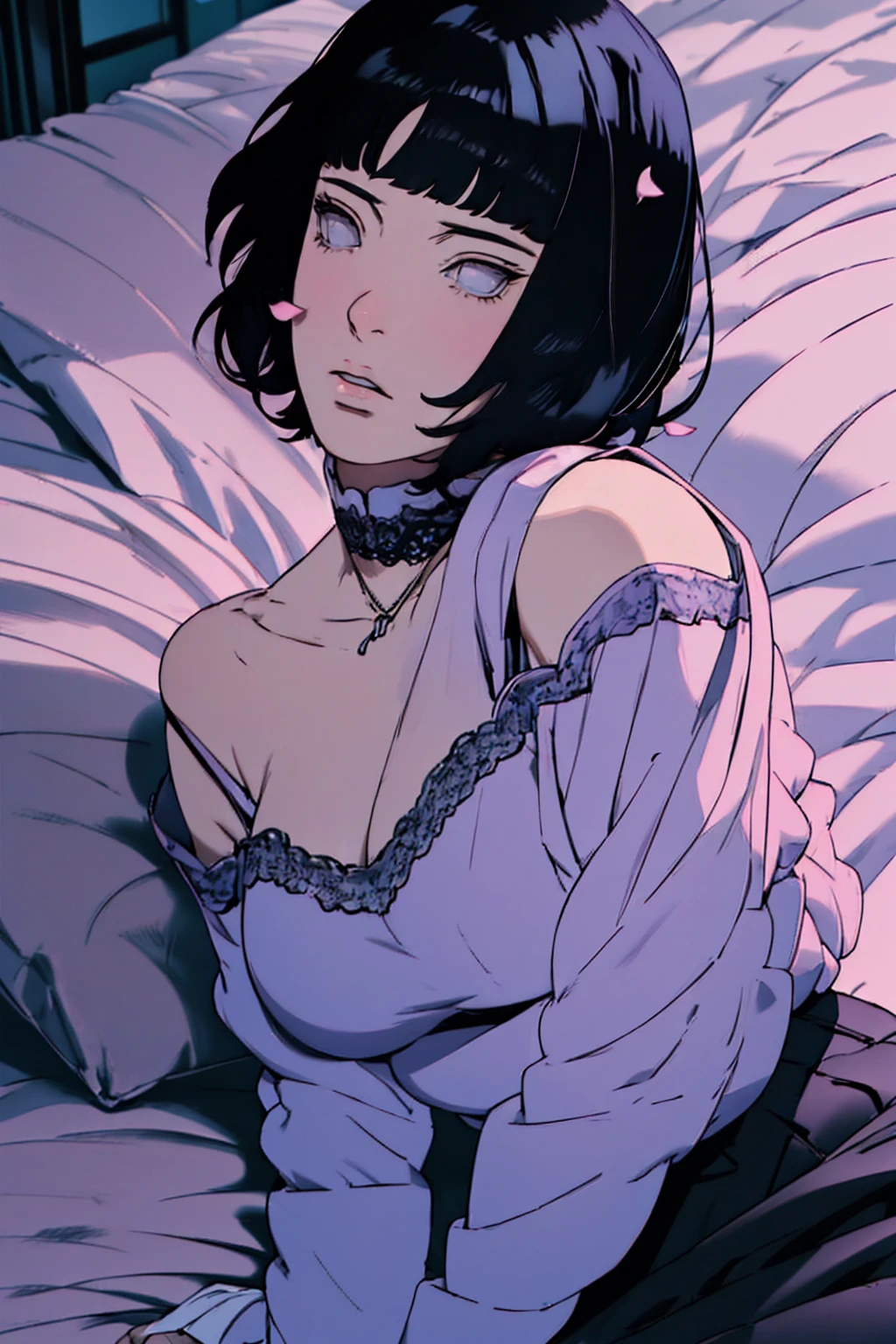 { - anatomy error} (Masterpiece - Ultra-detailed, very high resolution) (huge titusty, masterpiece, absurdres, hinata\(boruto\), 1girl, solo,mature female, off-shoulder bra, high waist black short skirt, looking at viewelling petals), perfect composition, detailed lips, big breast, beautiful face, body propotion, blush, (pink lips), short hair, (black hair), purple eyes, soft gaze, super realistic, detailed, photoshoot, realistic face and body, closed mouth, laying on the bed , lilac eyes, full body, lace clothes, with chin resting on shoulder, perfect fingers, backwards, looking back,