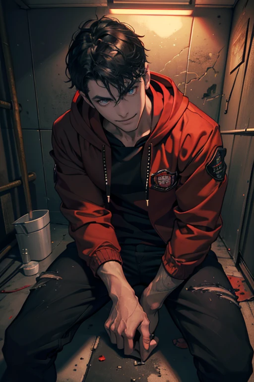 1 male, Eyes looking at the camera, Perfect upper male body, (Red jacket, Black hoodie,Evil smile, black hair), jail cell, basement room,Sitting on ground, dirty environment,dramatic shadow, Ray tracing, Best quality, Cinematic lighting, Extremely detailed CG, 8k wallpaper,Complicated details,portrait