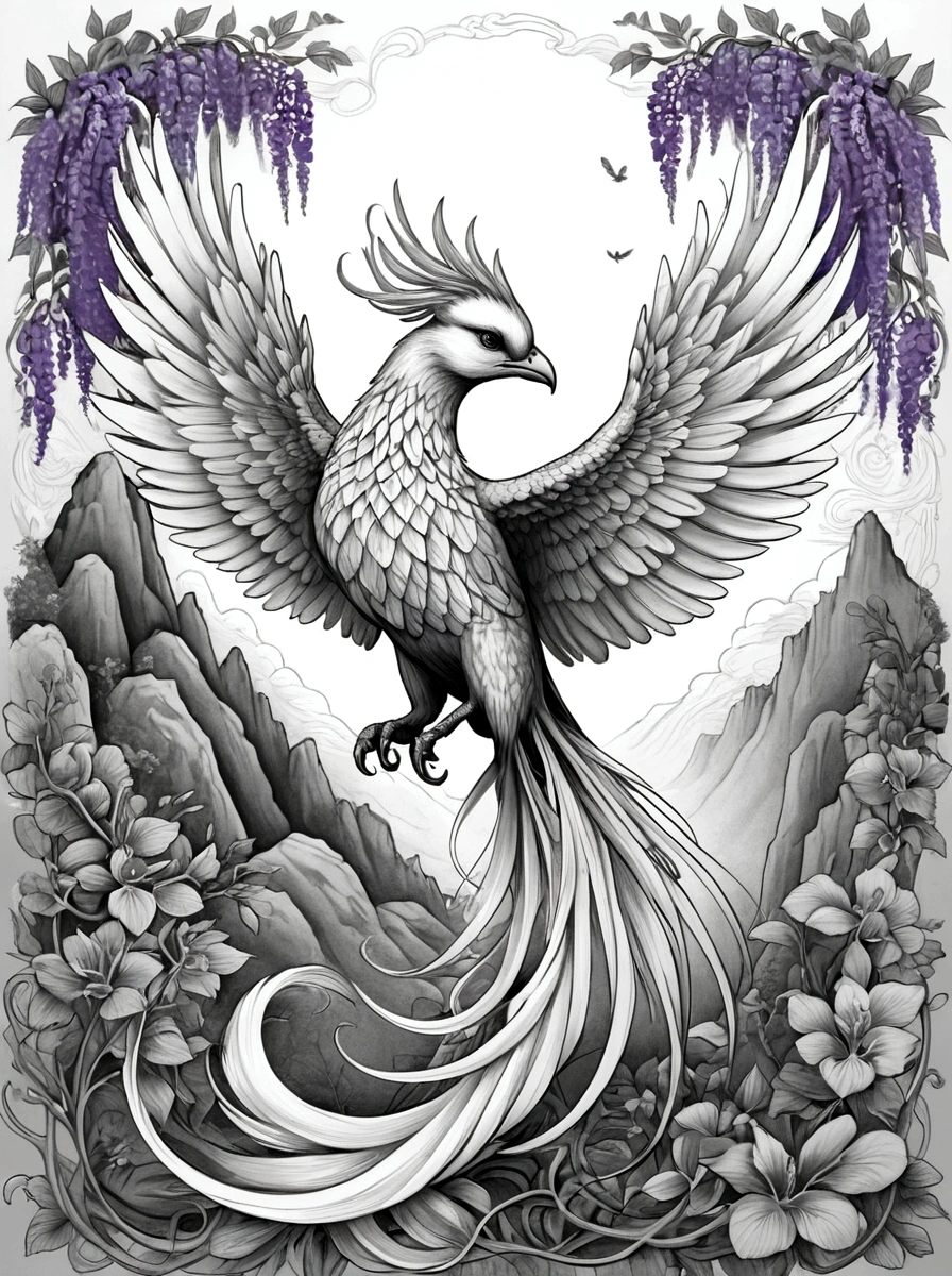 As a coloring book, White background, black and white, line drawing. borders should be simple, clear, distinct, and thick lines.
By Cartoon style of [phoenix], [fiery feathers, mythical features, dynamic pose], [mountain shrine], [wisteria vines]
