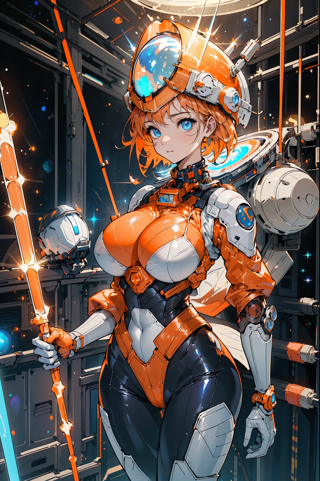 (best quality,high resolution,Ultra Detailed,Practical),Grande Ariana,(Orange glass full face helmet :1.4) ,(Face visible through helmet:1.4 ) ,White tights,Orange Heavy Armor,Cowboy shooting,(on a space station:1.4 ) ,Science fiction,Super detailed,Clear focus,Aesthetic,(best quality), (Beautiful blue eyes :1.4), (Hand Details:1.4 ), (Perfect anatomical structure:1.4 ) huge , Crazy breast swelling, Chest larger than shoulder blades, Big breasts and thin waist，(huge breasts:1.2)，Hydrated skin（（rogue））（（非常huge乳房）），（（Grooves reveal original skin）)