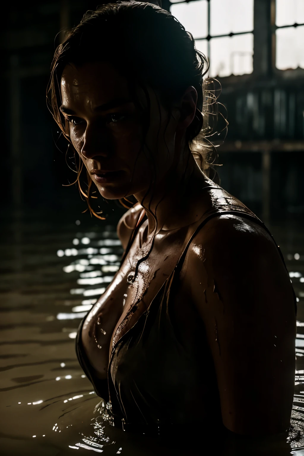 serious scared Lena Headey in water in torn up ruined clothes hiding in abandoned lab clear white skin, wet and muddy, scratches everywhere, face dirty photography, natural light, photorealism, cinematic rendering, ray tracing, the highest quality, the highest detail, Cinematic, surrounding red lights Third-Person View, Blur Effect, Long Exposure, 8K, Ultra-HD, Natural Lighting, Moody Lighting, Cinematic Lighting red flares