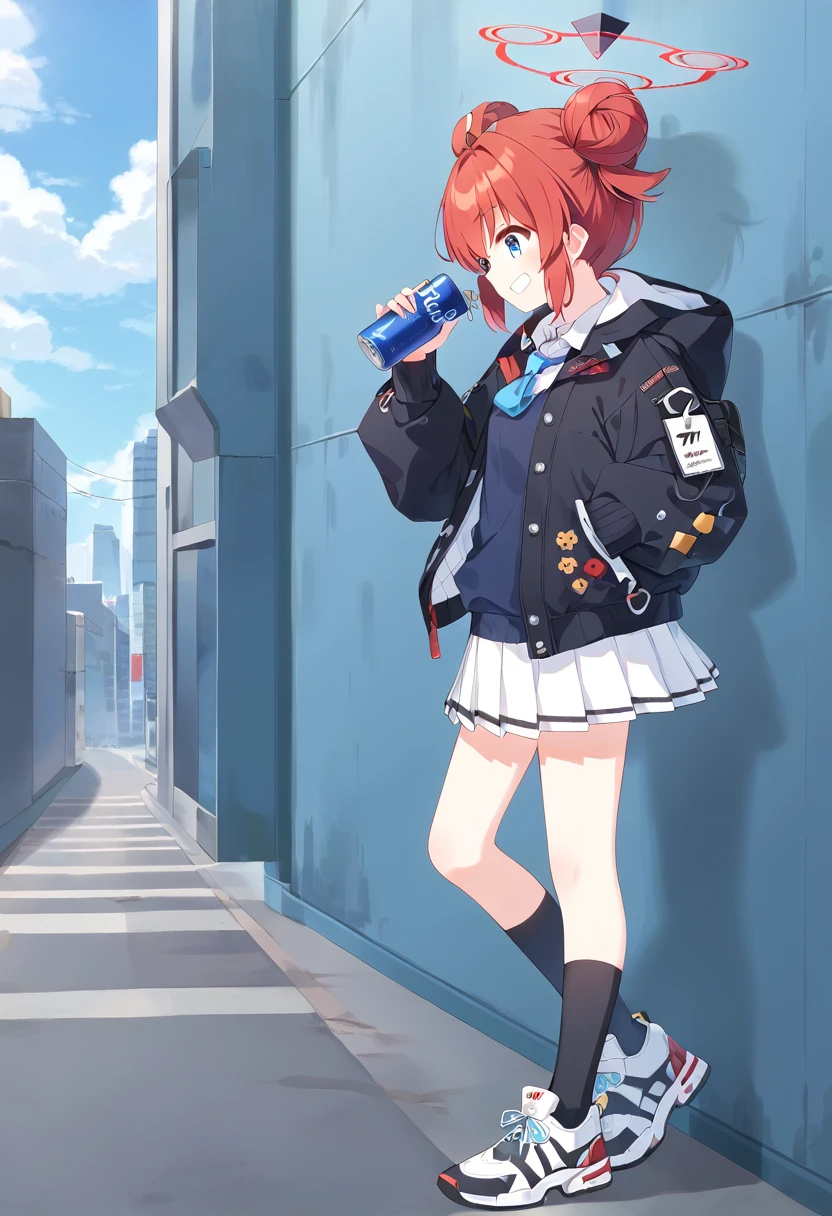 ((Masterpiece, Best Quality, highres, godrays, specular)), maki \(blue archive\), blue eyes, short hair, red hair, double bun, halo, pleated skirt, black hooded jacket, sweater, blue necktie, black socks, sneakers, grin mouth, happy eyes, happy eyebrow, side view, holding spray can, face lock to side, eyes lock to side, standing in front of Wall, Abandoned City, Veritas Mural.