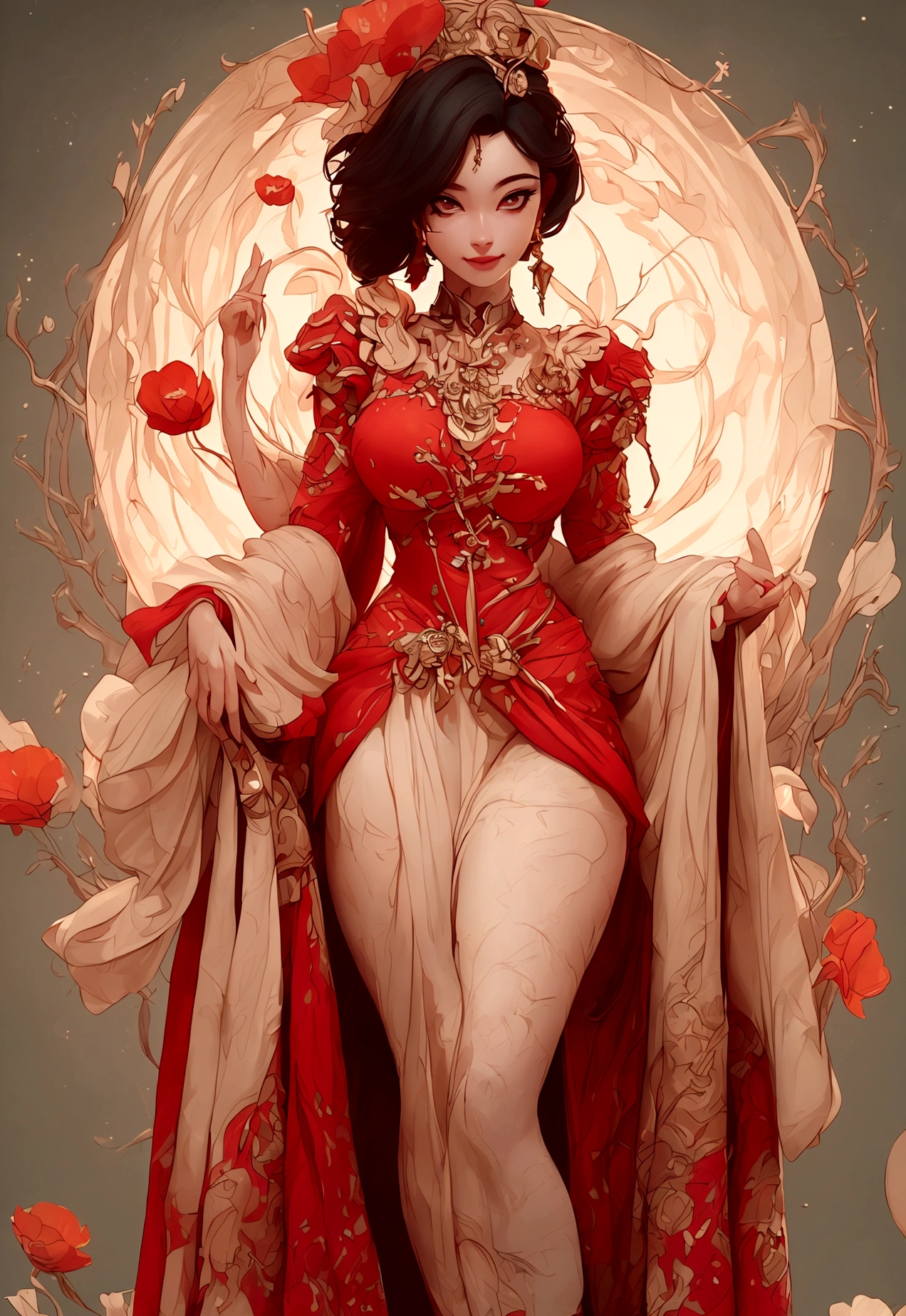 (best quality,4k,8k,highres,masterpiece:1.2),ultra-detailed,(best quality,realistic:1.2), lovely woman, Beautiful girl, red dress, skin tight dress, short black hair, field of poppy flowers, portrait, standing in an s-shape, lustful smile, seductive eyes, sexy breasts, ample breasts, curvy hips, sunset, play, joy, beauty, harmony, portrait, soft lighting, vibrant colors, HDR, 8k, absurdres, cinestill 800, sharp focus, add_detail:2, Ultra HD | | | ((Fullbody-shot)) add_detail:2 (1woman, solo)
