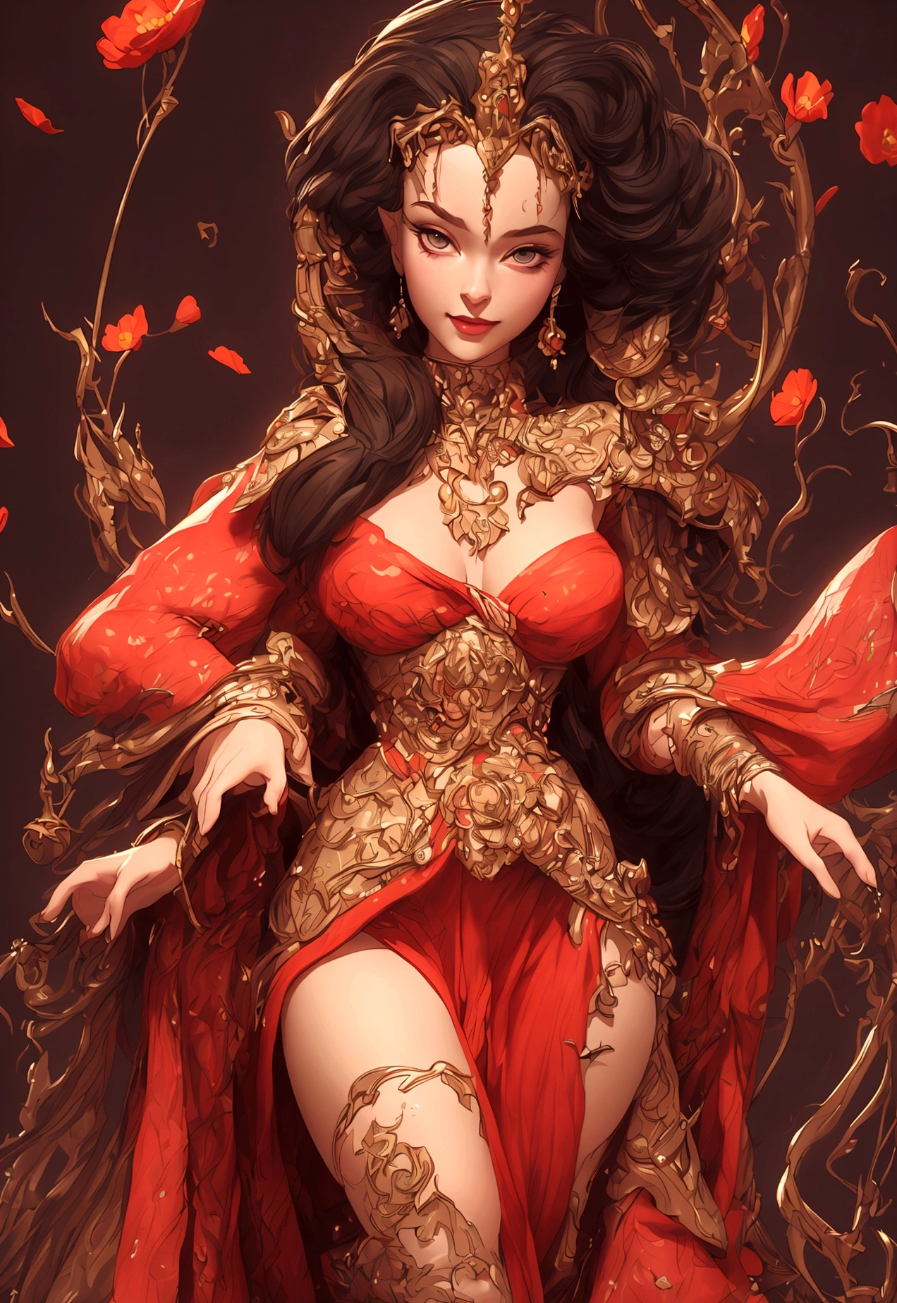 (best quality,4k,8k,highres,masterpiece:1.2),ultra-detailed,(best quality,realistic:1.2), lovely woman, Beautiful girl, red dress, skin tight dress, short black hair, field of poppy flowers, portrait, standing in an s-shape, lustful smile, seductive eyes, sexy breasts, ample breasts, curvy hips, sunset, play, joy, beauty, harmony, portrait, soft lighting, vibrant colors, HDR, 8k, absurdres, cinestill 800, sharp focus, add_detail:2, Ultra HD | | | ((Fullbody-shot)) add_detail:2 (1woman, solo)