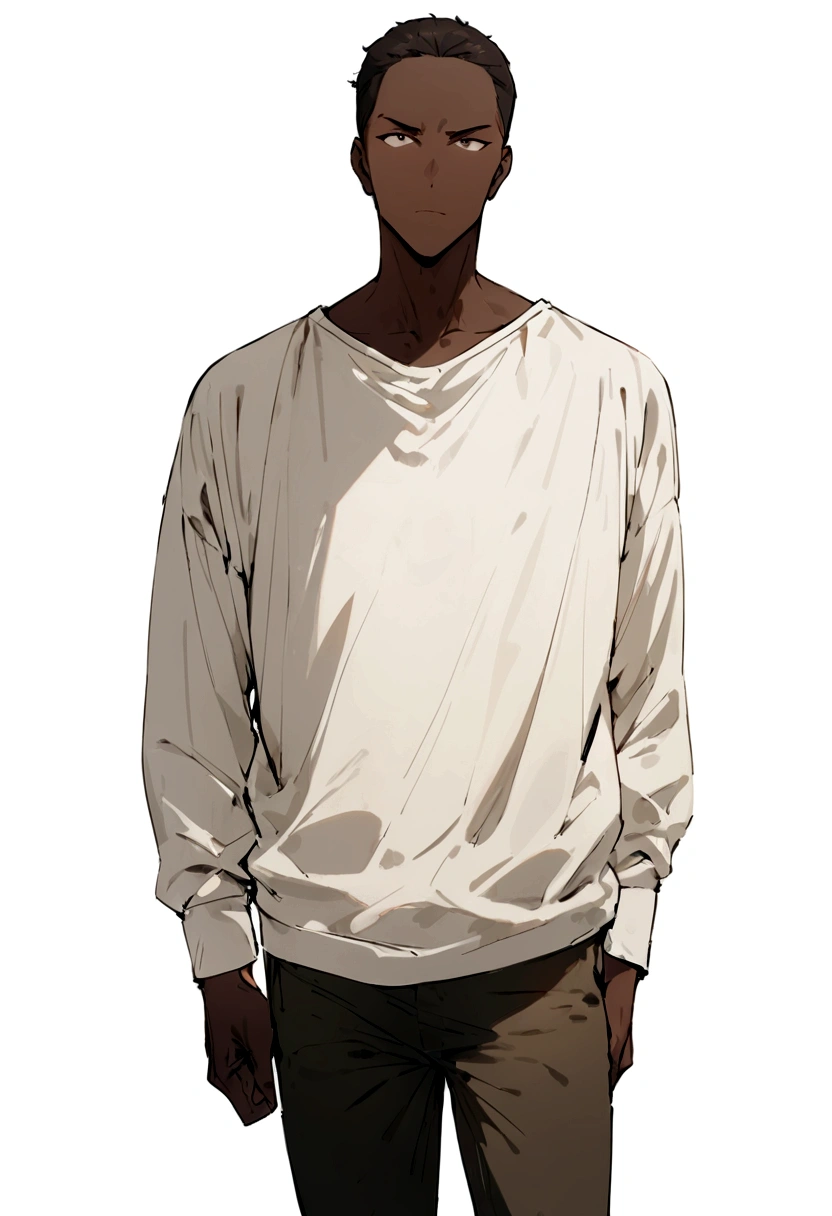 masterpiece, 1 young man, Stand up straight, Casual clothing, View Viewer, Detailed face,Brown Skin,Bust, Reduce wrinkles in clothes,whole body(Simple Background, White Background: 1.3)